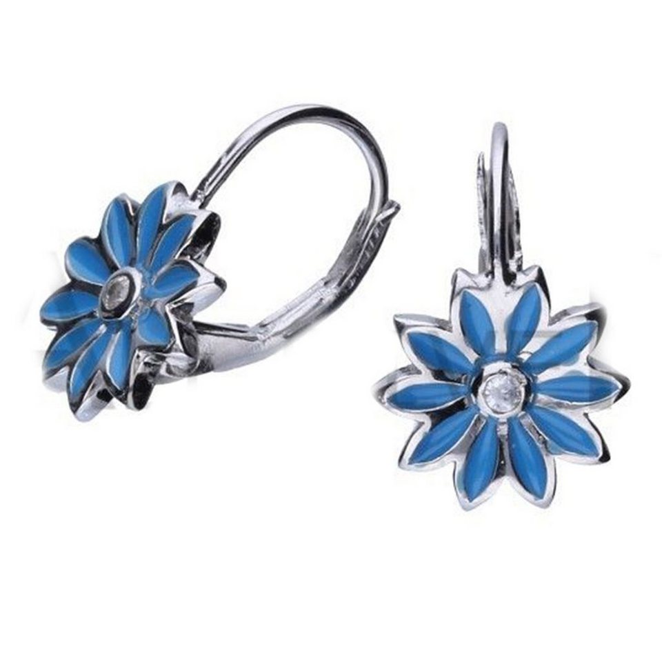 Kinder Mädchen Silber Ohrringe Silber 925 Schmuck Blumen Blau Zirkonia Geschenk 