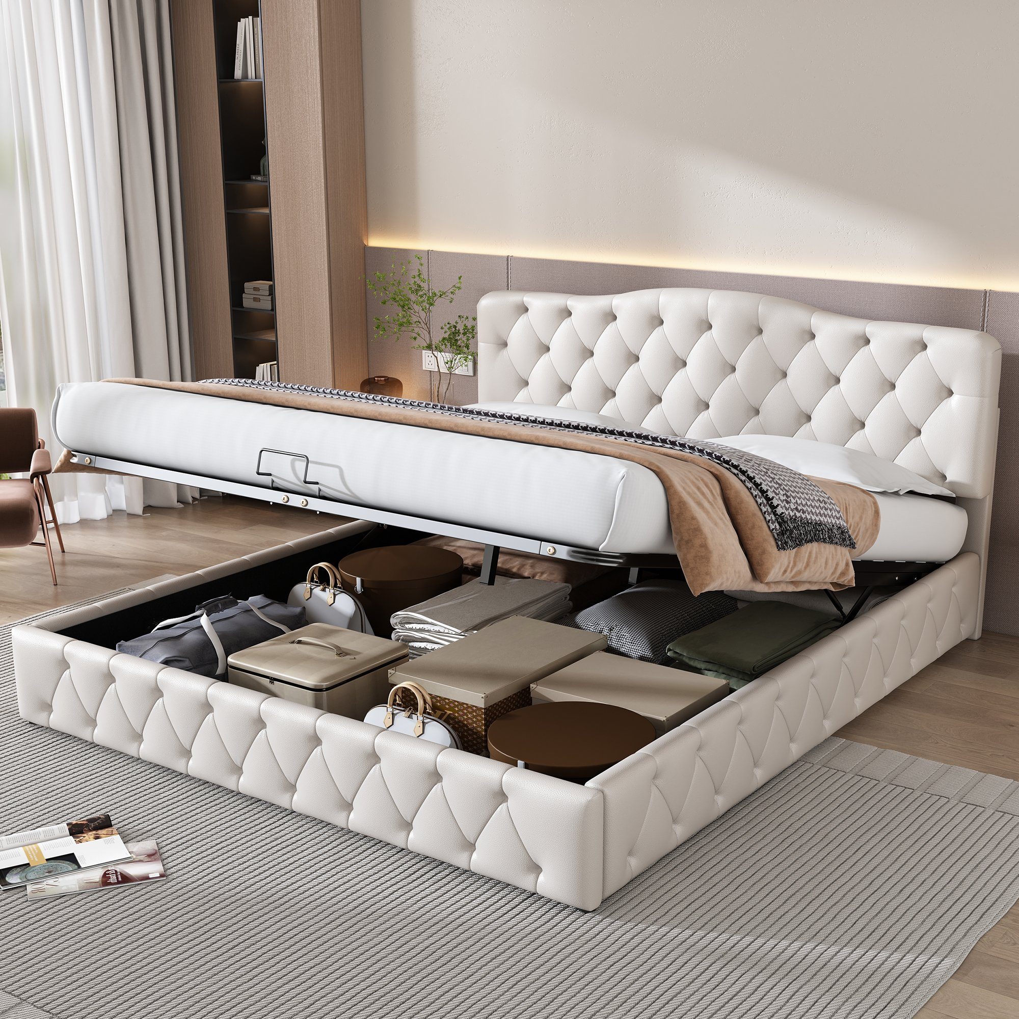 SOFTWEARY Polsterbett Doppelbett mit Lattenrost und Bettkasten (180x200 cm), Kopfteil höhenverstellbar, Kunstleder
