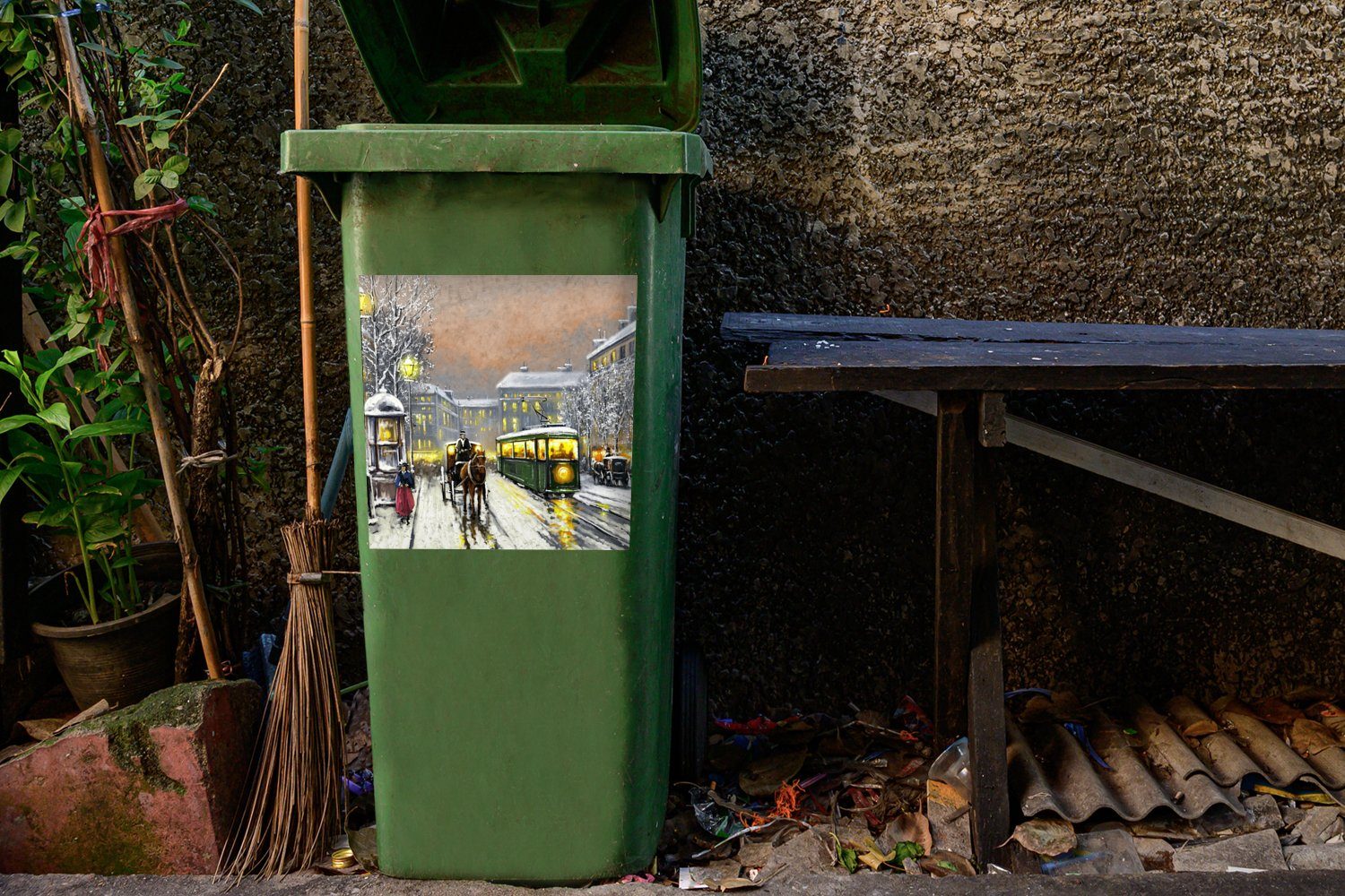 Straßenbahn Mülltonne, - (1 - Abfalbehälter - Pferd MuchoWow Mülleimer-aufkleber, Ölgemälde Sticker, - Gemälde Container, St), Wandsticker Winter