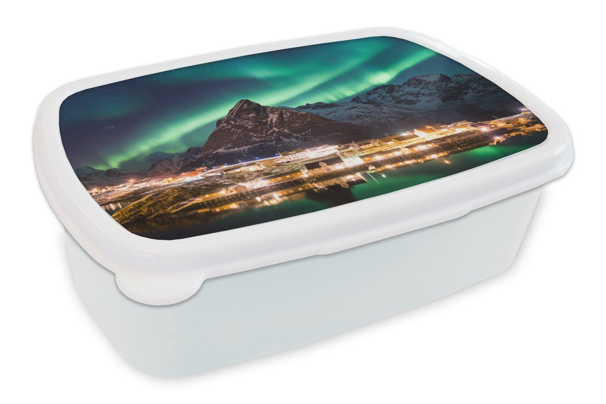 einem Erwachsene, Dorf (2-tlg), in Norwegen, Jungs weiß und und Lunchbox für MuchoWow Brotdose, Brotbox für Mädchen über Kunststoff, Kinder Nordlicht