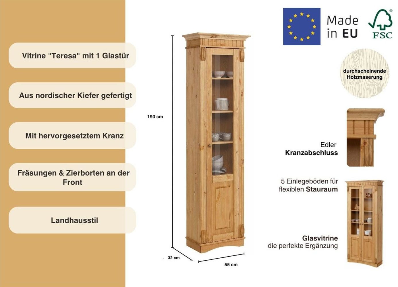 OTTO home Vitrine Teresa (Maße (B/T/H): ca. 55/32/193 cm) mit 1 Glastür, Höhe 193 cm, aus massiver Kiefer, FSC®