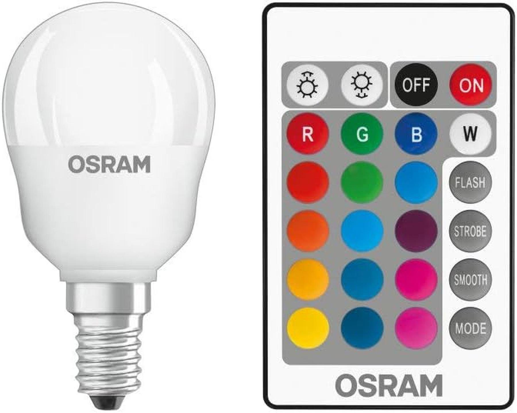 Osram LED-Leuchtmittel OSRAM-STAR+-RGBW-LED-Lampe-mit-E14-Sockel,-RGB-Far, E14, FARBWECHSEL, RGB mit Fernbedienung Dimmbar 25 W Lampe