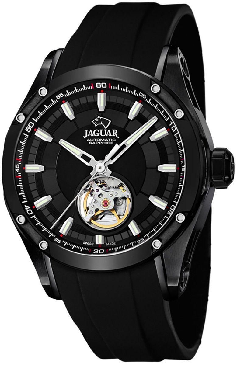 JAGUAR Quarzuhr Jaguar Herren Uhr Automatik J813/1 PUR, (Analoguhr), Herren Armbanduhr rund, PURarmband schwarz, Elegant