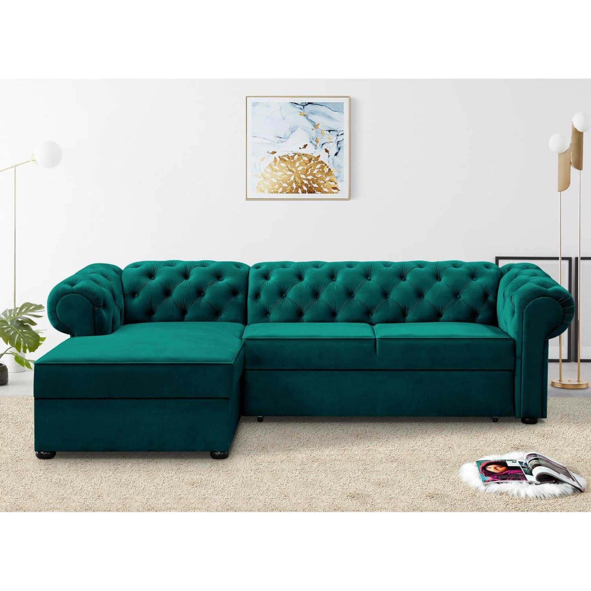 Beautysofa Polsterecke Chester, stilvoll Corner Sofa aus Velours, mit Relaxfunktion, mit Bettkasten Flasches grün (kronos 19)