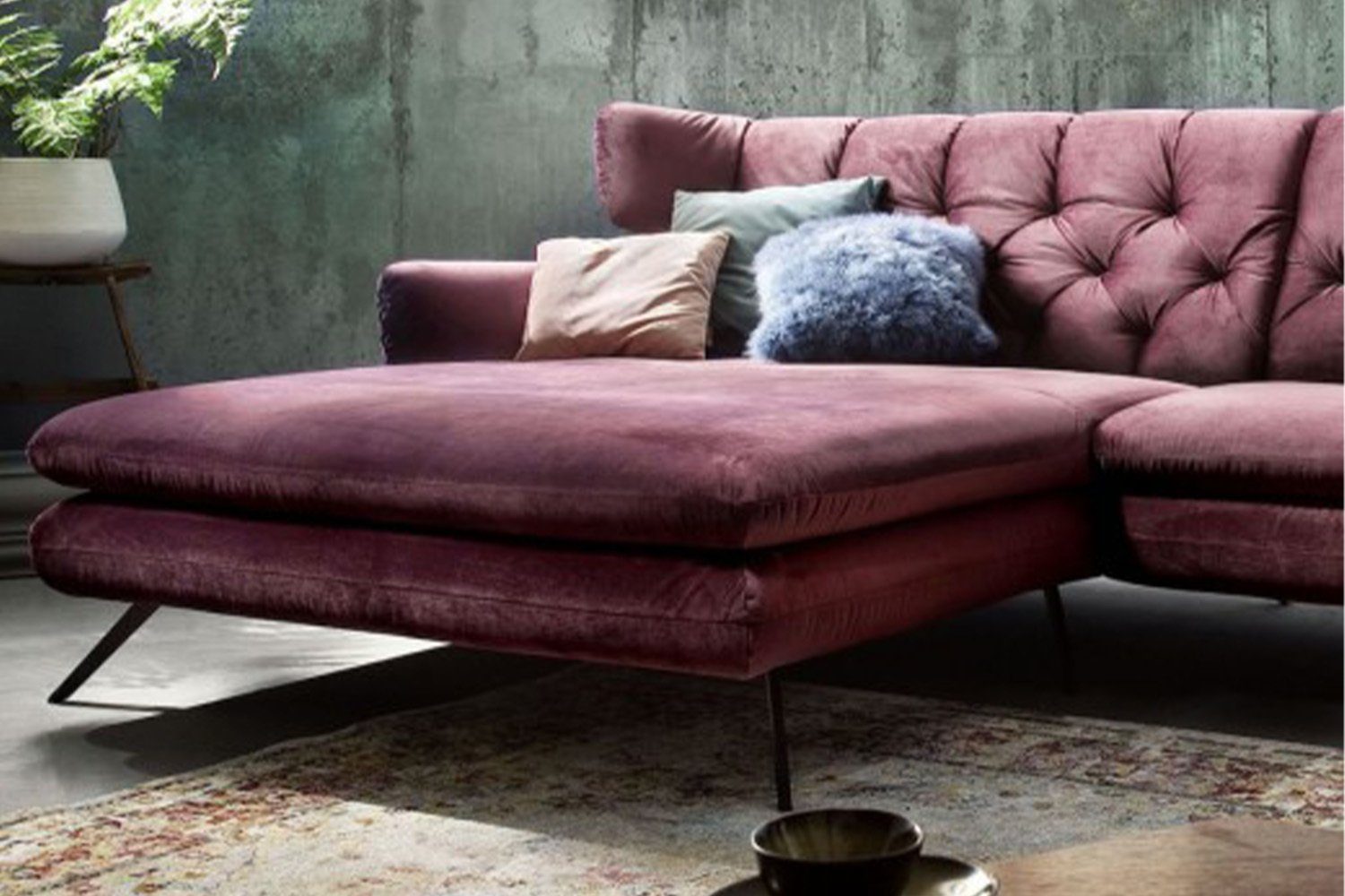 KAWOLA Ecksofa Sofa, Velvet rechts, CHARME, Longchair links od. purple