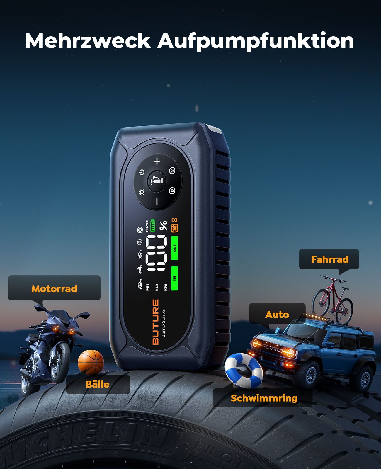 Buture 4500A Starthilfe Powerbank für Pkw mit Kompressor 150PSI, 16800mAh Starthilfegerät 16800 mAh (12 V), 4 Modi LED Licht und 3.3'' LCD Display – Bild 4 von 5