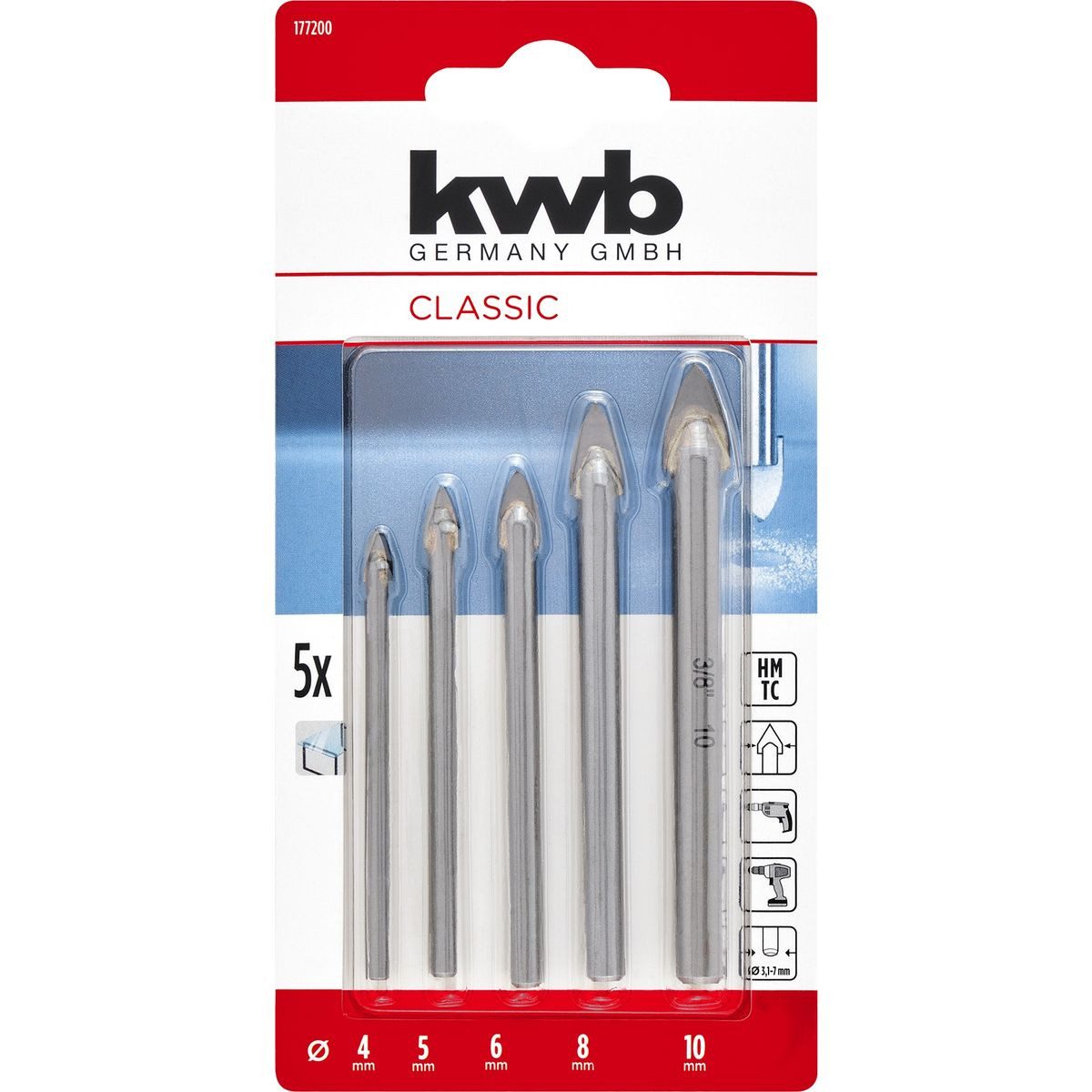 kwb Bohrer- und Bit-Set kwb Hartmetall-Glasbohrer Set, 5-tlg. (Hartmetallplatte, Zentrierspitz, Hartmetall-Glasbohrer Set, 5-tlg. (Hartmetallplatte, Zentrierspitze)