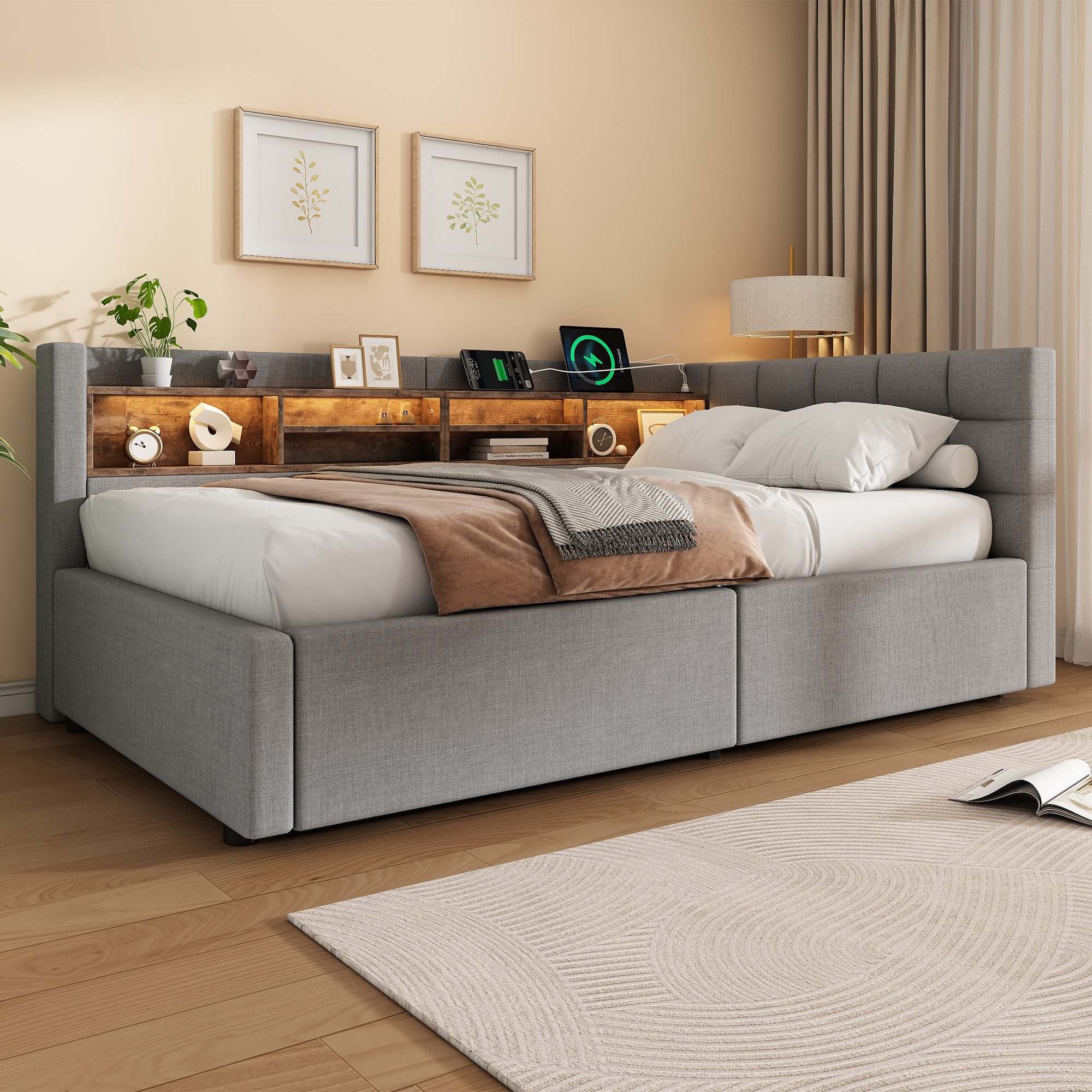 Merax Daybett mit LED-Beleuchtung & USB-Anschluss, Polsterbett mit Leinenbezug (Schlafsofa Jugendbett, 1 tlg), Tagesbett 90x200cm mit hydraulischem Stauraum & S – Bild 3 von 5