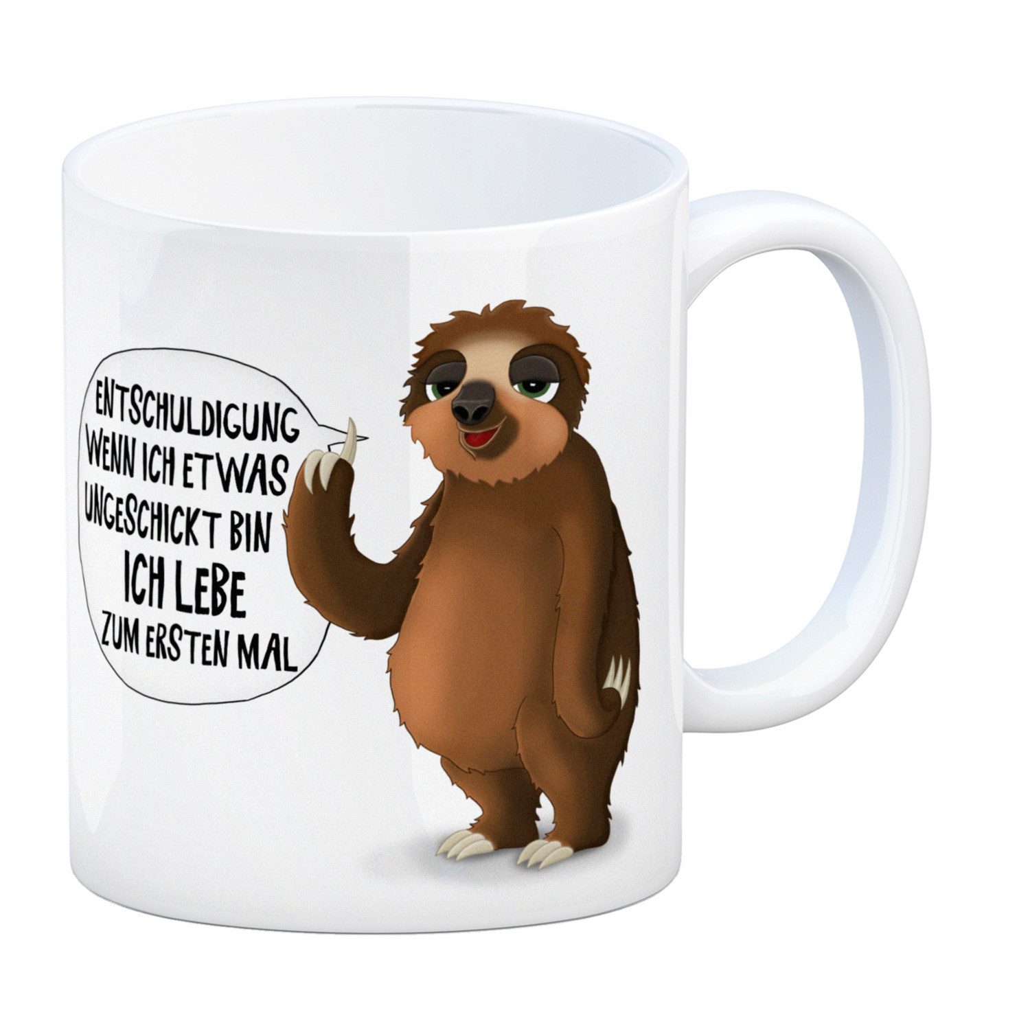 Tasse Kaffeebecher mit Faultier Motiv und Spruch: Entschuldigung wenn ich
