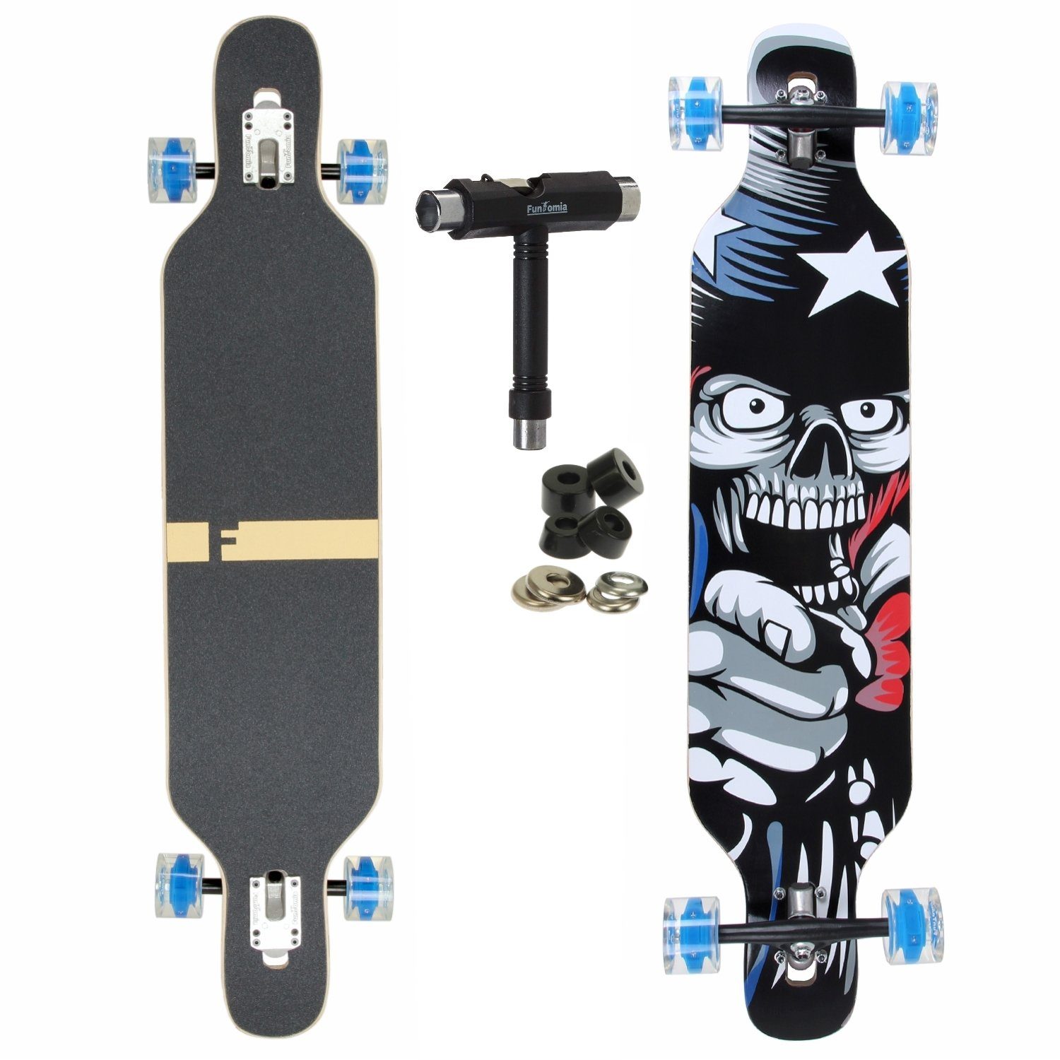 Longboard Longboard in 3 Flex Stufen Camber Ahornholz + T-Tool mit LED Rollen
