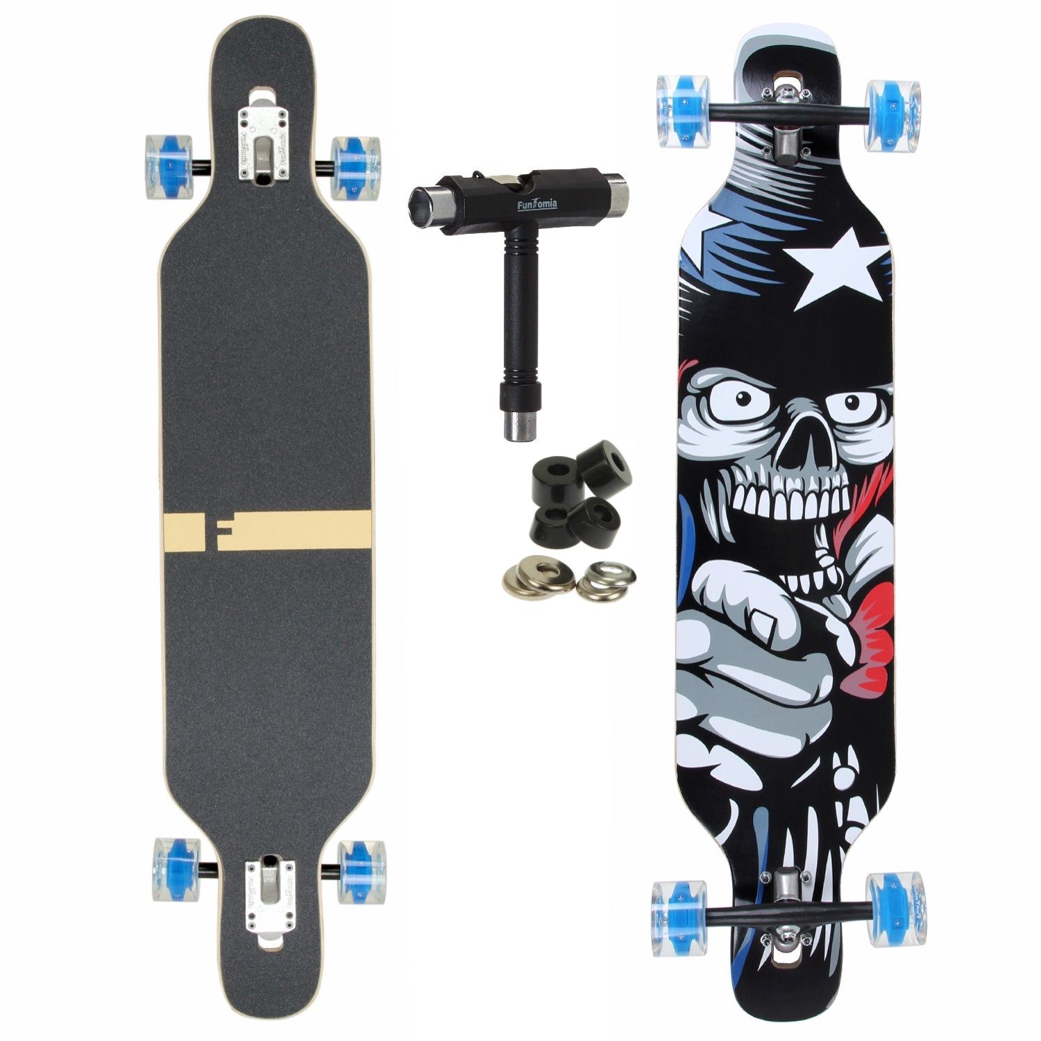 FunTomia Longboard Flex und Komplettboard mit Drop Through 25 Twin Tip 3 in Flex Tip - / + T-Tool Camber Mach1 ABEC-9 Twin Stufen Camber LED Skateboard Kugellager, Speed Cruiser - LED 1 122kg bis Longboard Rollen Amerika Ahornholz