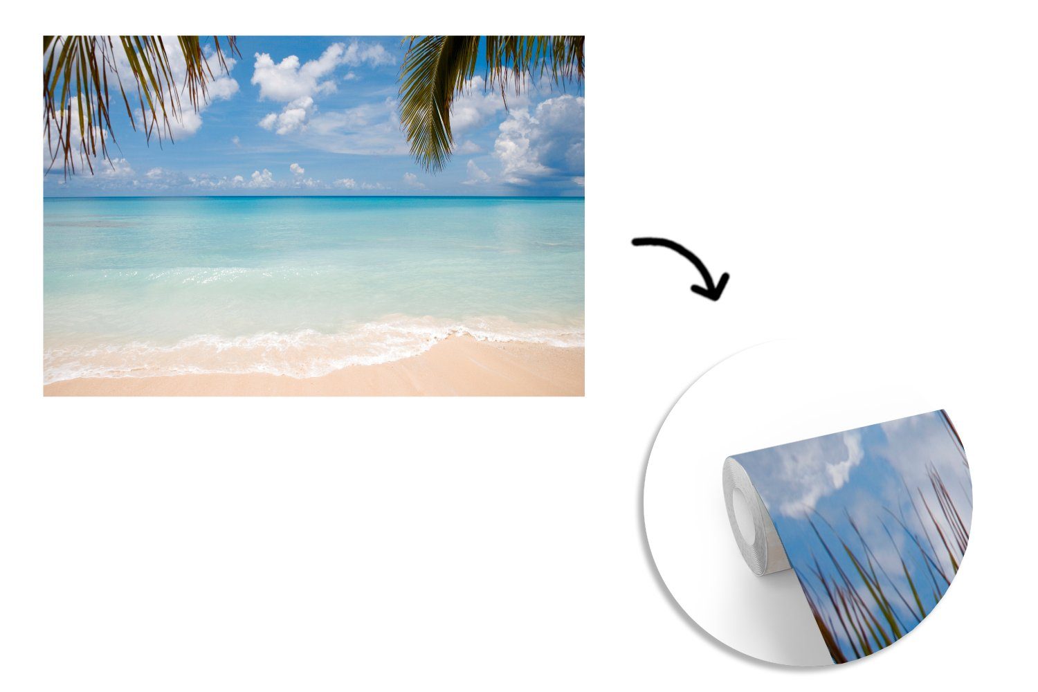 Blick Grand von klare Cayman das bedruckt, Wohnzimmer, auf St), Wandtapete für Tapete (7 Montagefertig Karibische Meer, Fototapete MuchoWow Vinyl Matt,