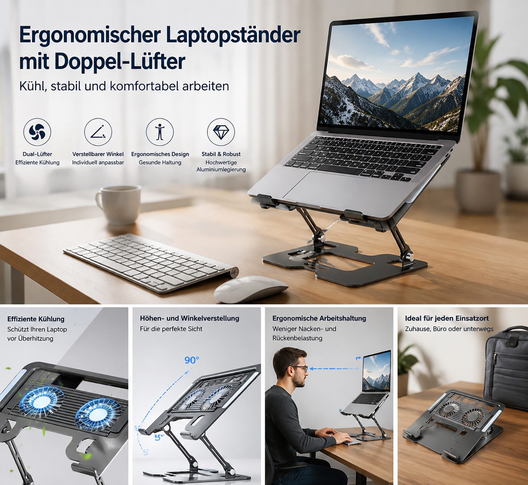 Vornix Notebook-Kühler Laptopständer verstellbar mit Doppel-Lüfter RGB-Beleuchtung, faltbarer Notebook-Ständer für Laptop Tablet Smartphone – Bild 3 von 5