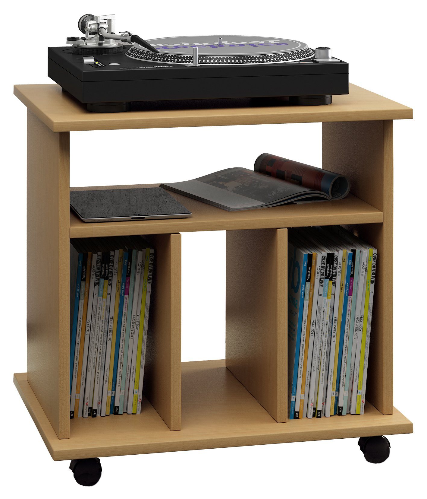 VCM TV-Rack Holz Schallplatten LP Regal Rollen Buche Retal