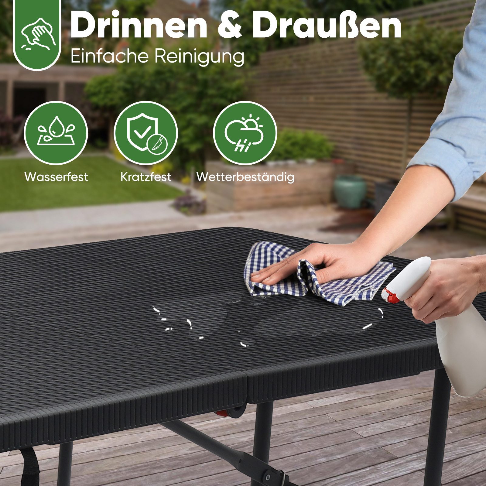 Sekey Bierzeltgarnitur 3-teilig Bierzeltgarnitur Klappbar Tragegriff 180cm Gartenmöbel, (3-tlg), 180cm Bierbänke und 2 Bierbänke, mit Holz und Rattan-Optik, Wet – Bild 5 von 5