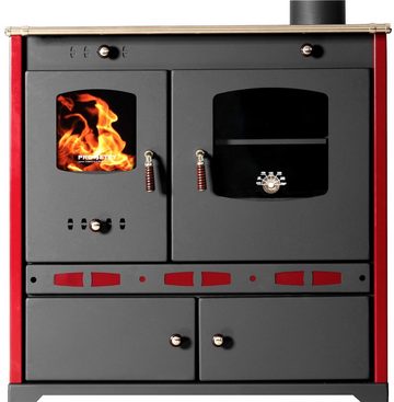 Prometey Kaminofen mit Backfach und Herdplatte Perfect Eco Lux Rot Rechts Holzofen Kamin, 7,00 kW, Dauerbrand und Zeitbrand geeignet, zum Kochen & Backen ohne Strom