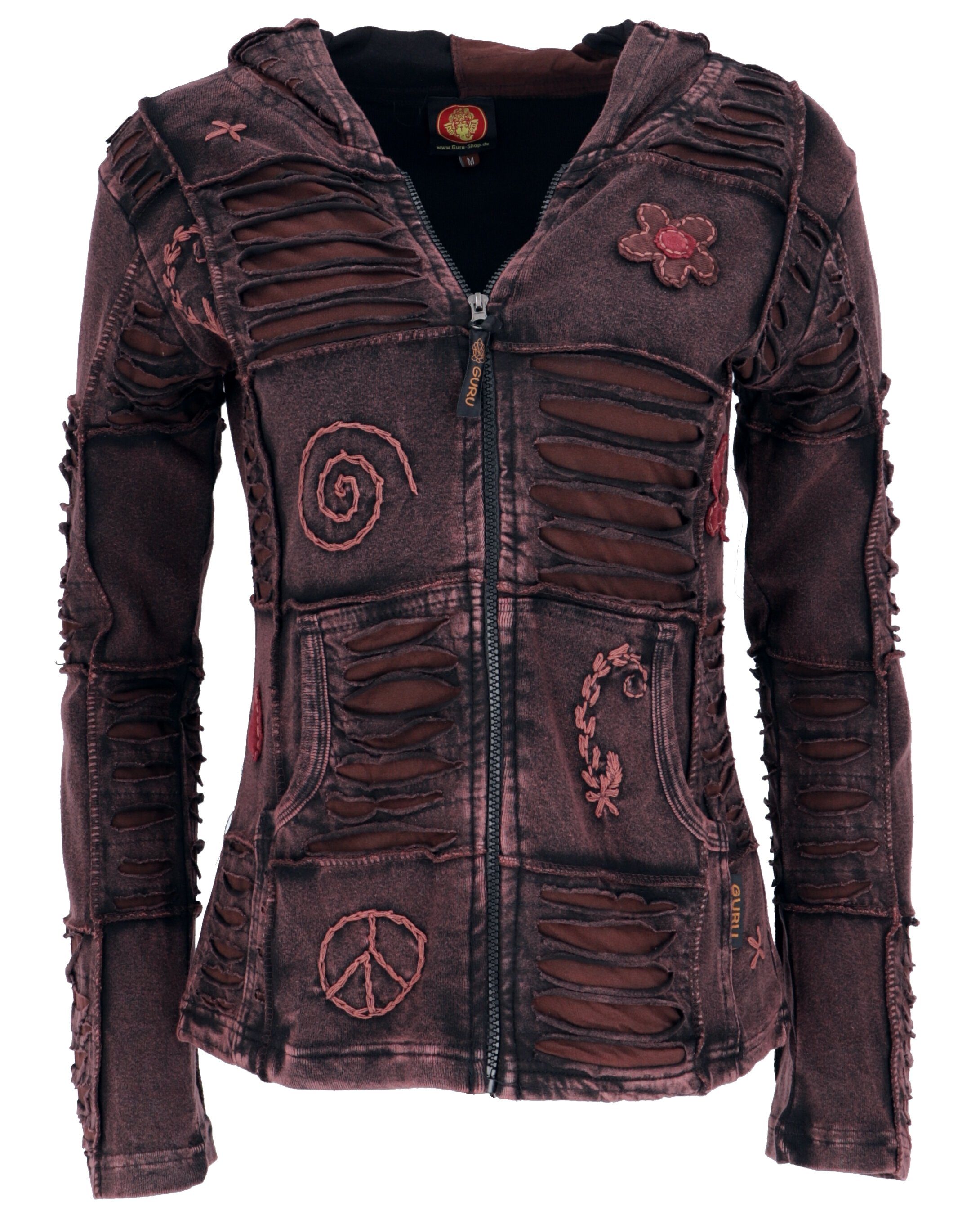 Guru-Shop Langjacke Goa Patchwork Jacke, Boho Kapuzenjacke -.. alternative Bekleidung dunkelbraun