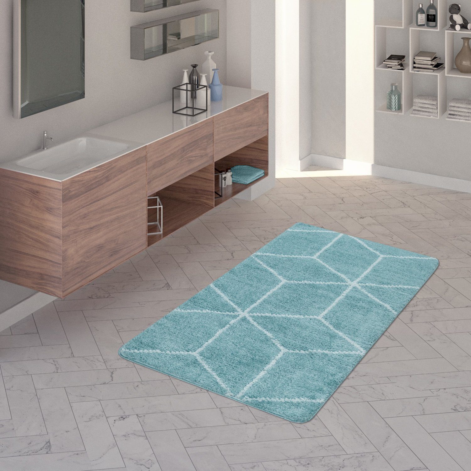 Badematte Kurzflor-Teppich Für Badezimmer Mit Rauten-Muster TT Home, Höhe 18 mm, 100% Polyester, Läufer