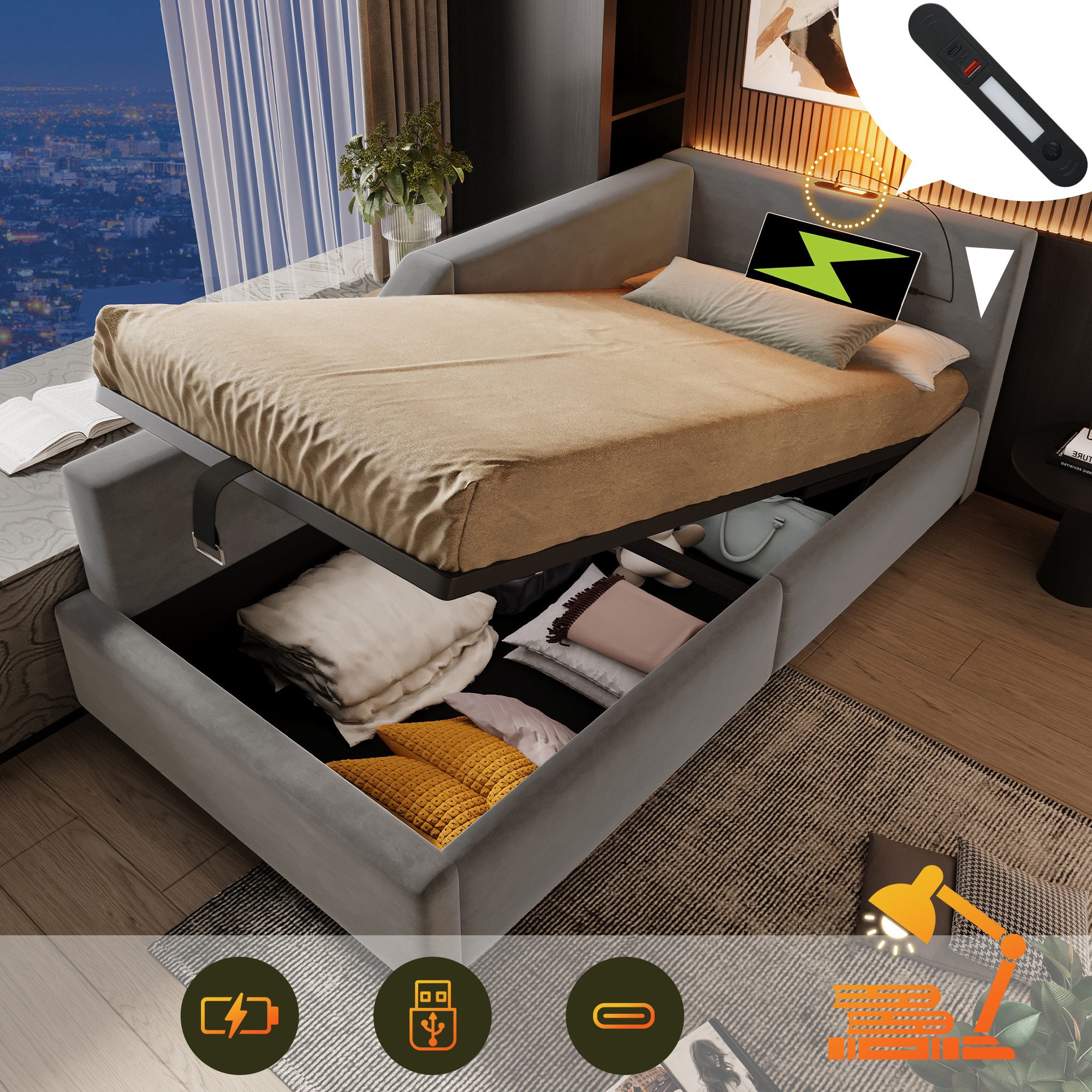 TavilaEcon Boxspringbett mit Leselichtfunktion und USB günstig online kaufen