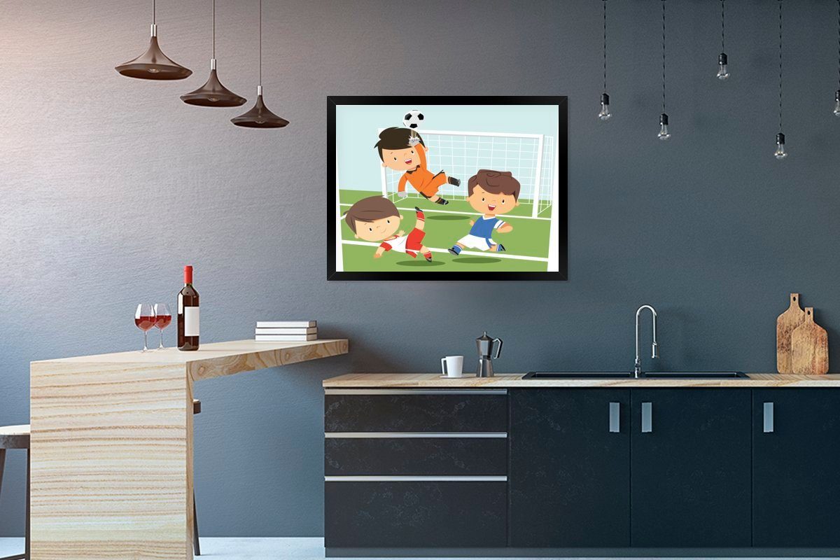 MuchoWow Poster Eine Illustration von drei Kindern, die Fußball spielen - Kinder -, (1 St), mit Rahmen, Kunstdruck, Gerahmtes Poster, Schwarzem Bilderrahmen
