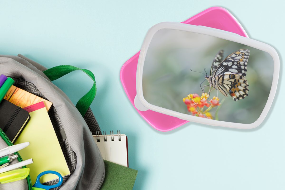 Kunststoff, (2-tlg), Kinder, Brotdose Blume, rosa MuchoWow Mädchen, Snackbox, Erwachsene, Kunststoff Schmetterling Seiten Lunchbox Brotbox auf für