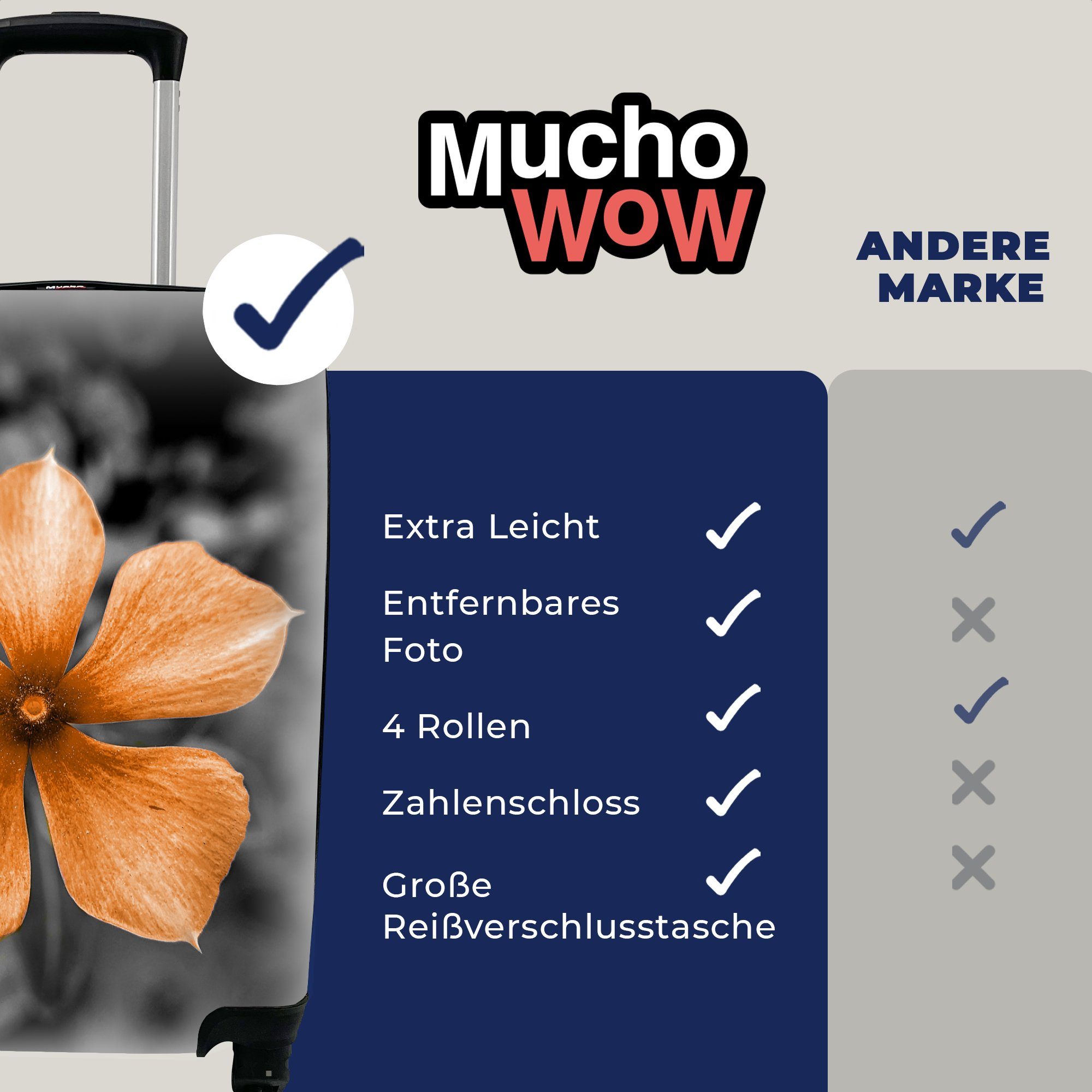 MuchoWow Handgepäckkoffer Schwarz Orange Blumen Rollen, Ferien, Reisetasche - Weiß, Handgepäck rollen, 4 Reisekoffer - mit für - Trolley