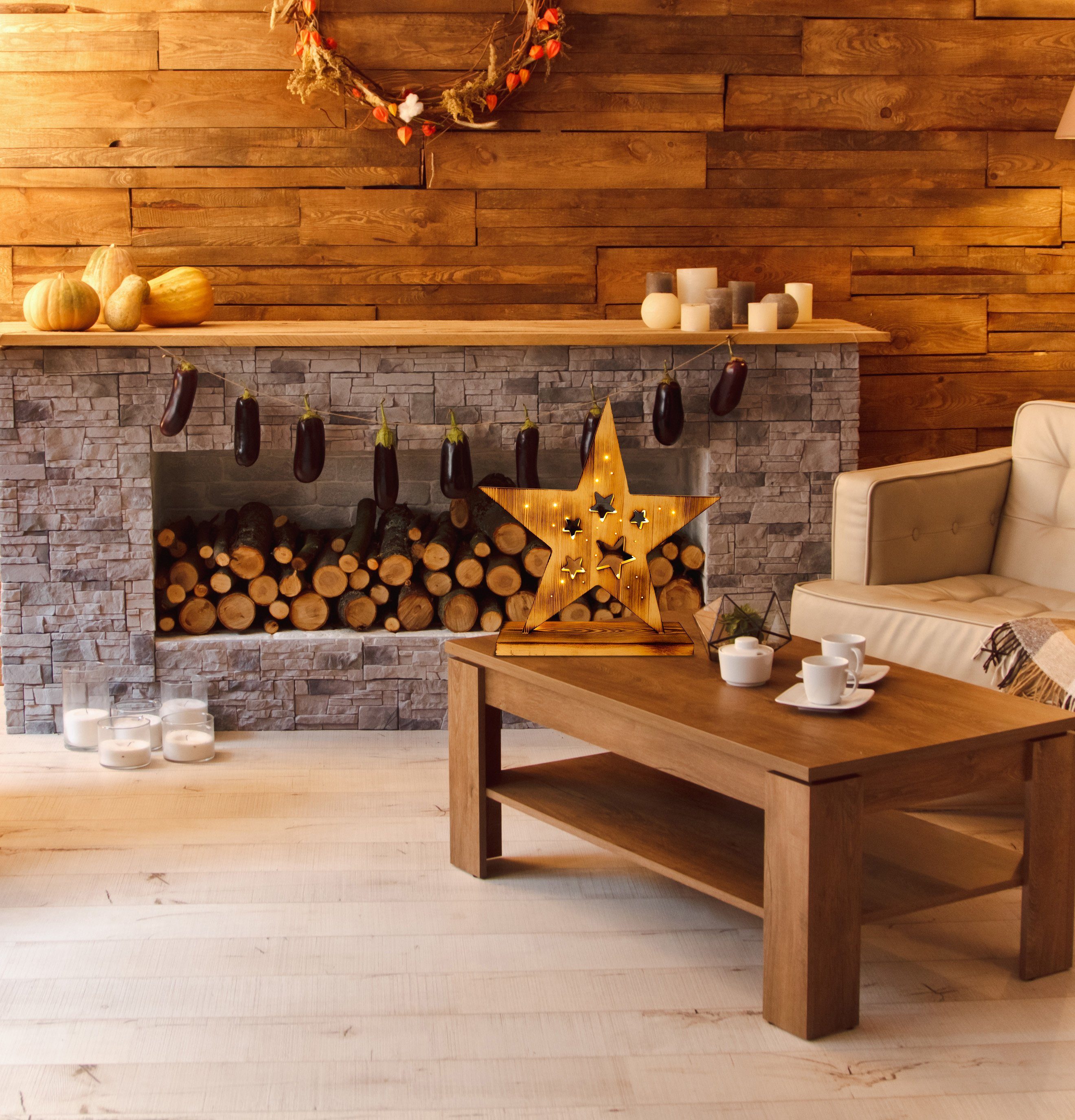 näve LED Dekoobjekt LED-Holzstern H: 49cm, Weihnachtsdeko aussen, Ein-/Ausschalter, LED fest integriert, Warmweiß, Timerfunktion (6on/18off), AA Batterie 1,5V, für Außen geeignet