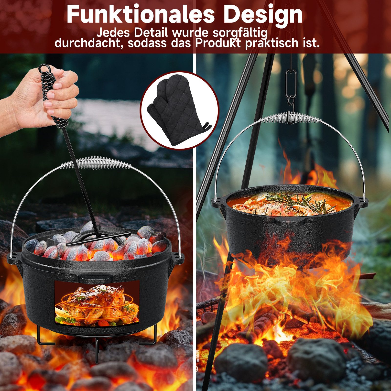 HOMELUX Topf-Set 10/12-tlg. Dutch Oven Set in Holzkiste Kochtopf Grillplatte Stieltopf, Gusseisen (Set, 10-tlg., Handschuhe, Stapelrost, Ringreiniger, Deckelheber), Gusseisen, vorgebacken, Hitzebeständig bis 280 °C