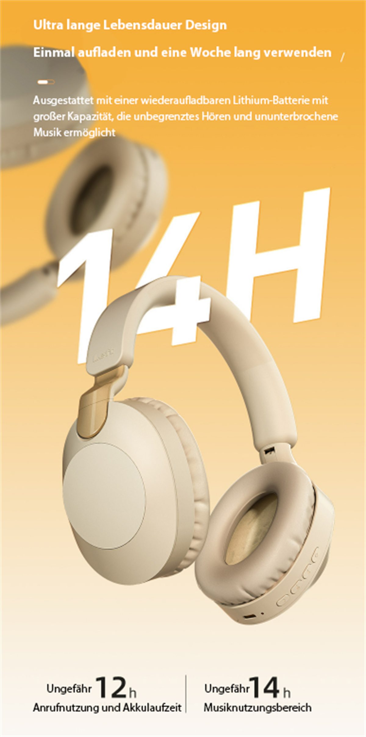 mit Am selected Over-Ear-Kopfhörer Bluetooth-Gaming-Headset carefully Kopf langer Beigegold Akkulaufzeit befestigtes