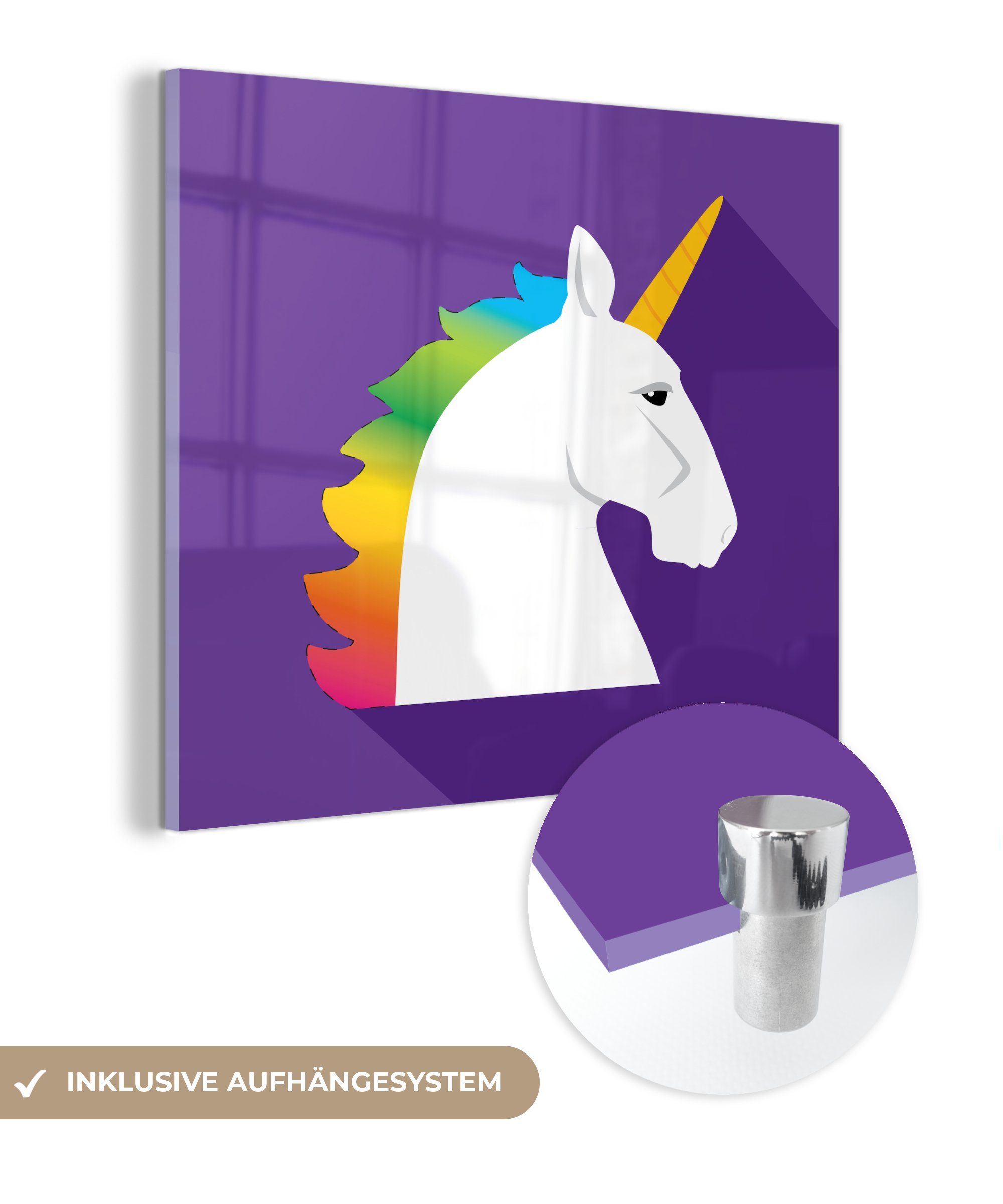 MuchoWow Acrylglasbild Kinder Illustration Einhorn auf lila Hintergrund, (1 St), Glasbilder - Bilder auf Glas Wandbild - Foto auf Glas - Wanddekoration | Bilder