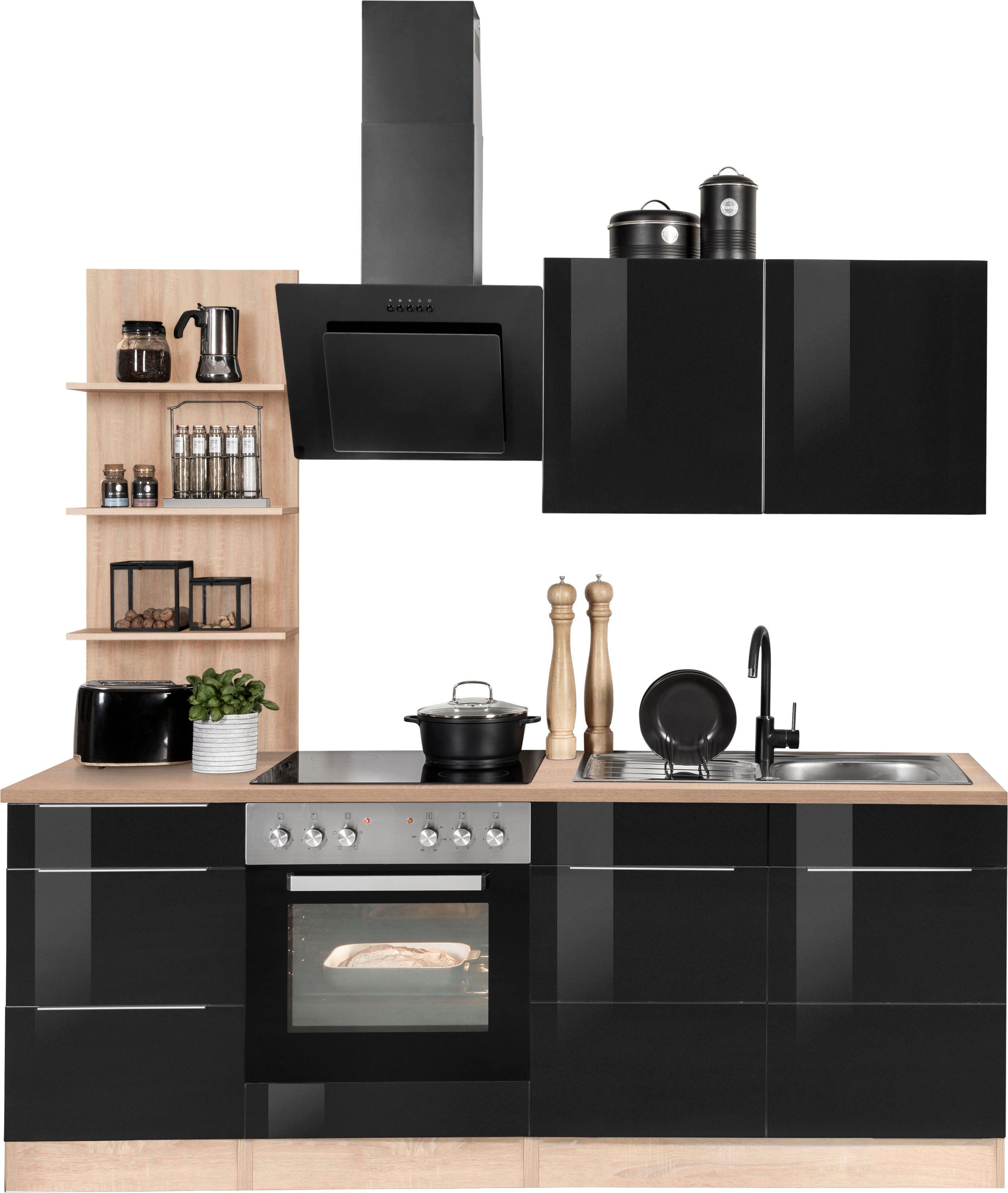 HELD MÖBEL Küchenzeile Brindisi, mit E-Geräten, Breite 210 cm schwarz Hochglanz/eichefarben | eichefarben | Küchenzeilen mit Geräten