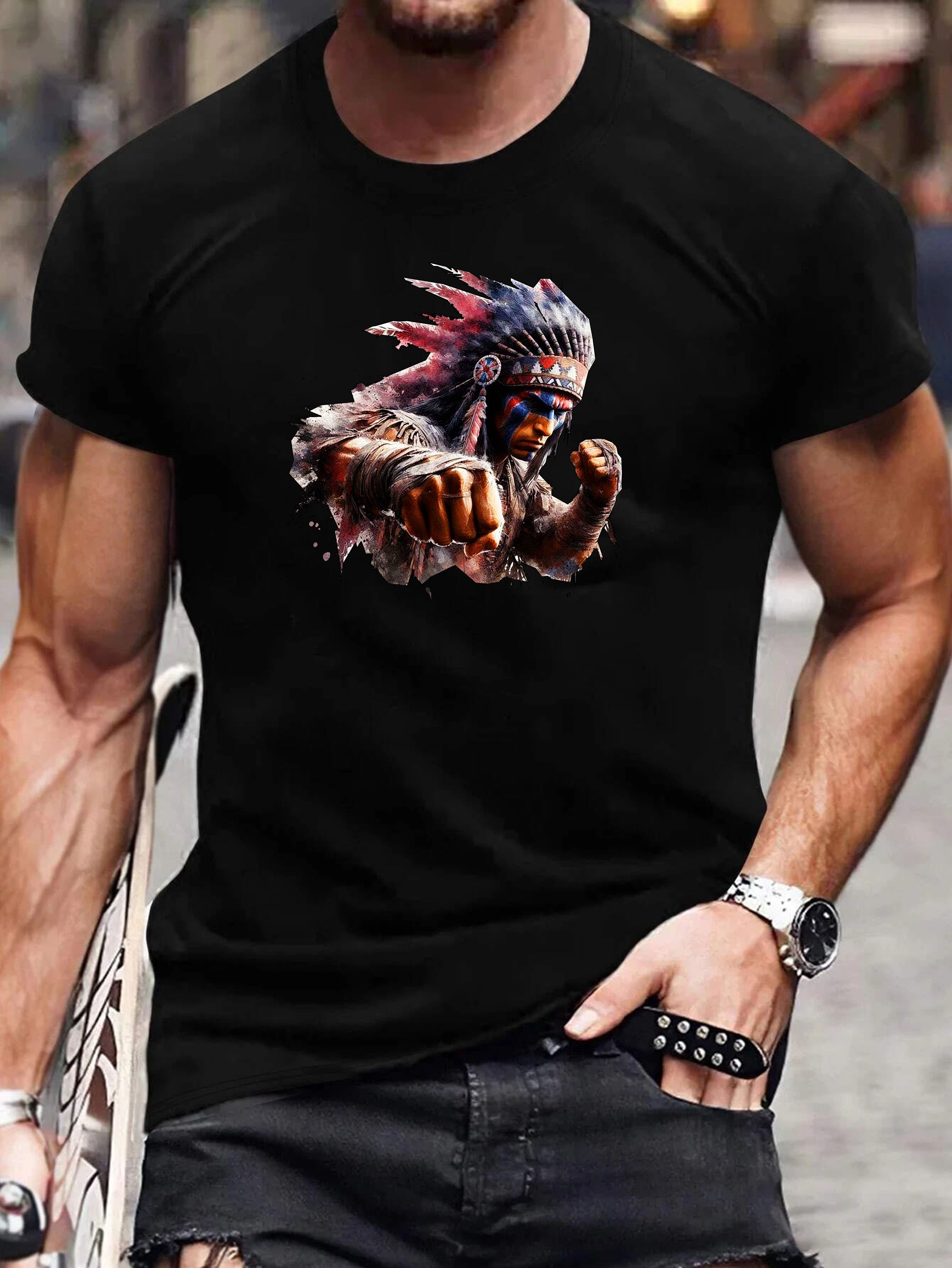 T-Shirt Herren Shirt Casual Freizeitshirt Sommer Häuptling Indigene Print