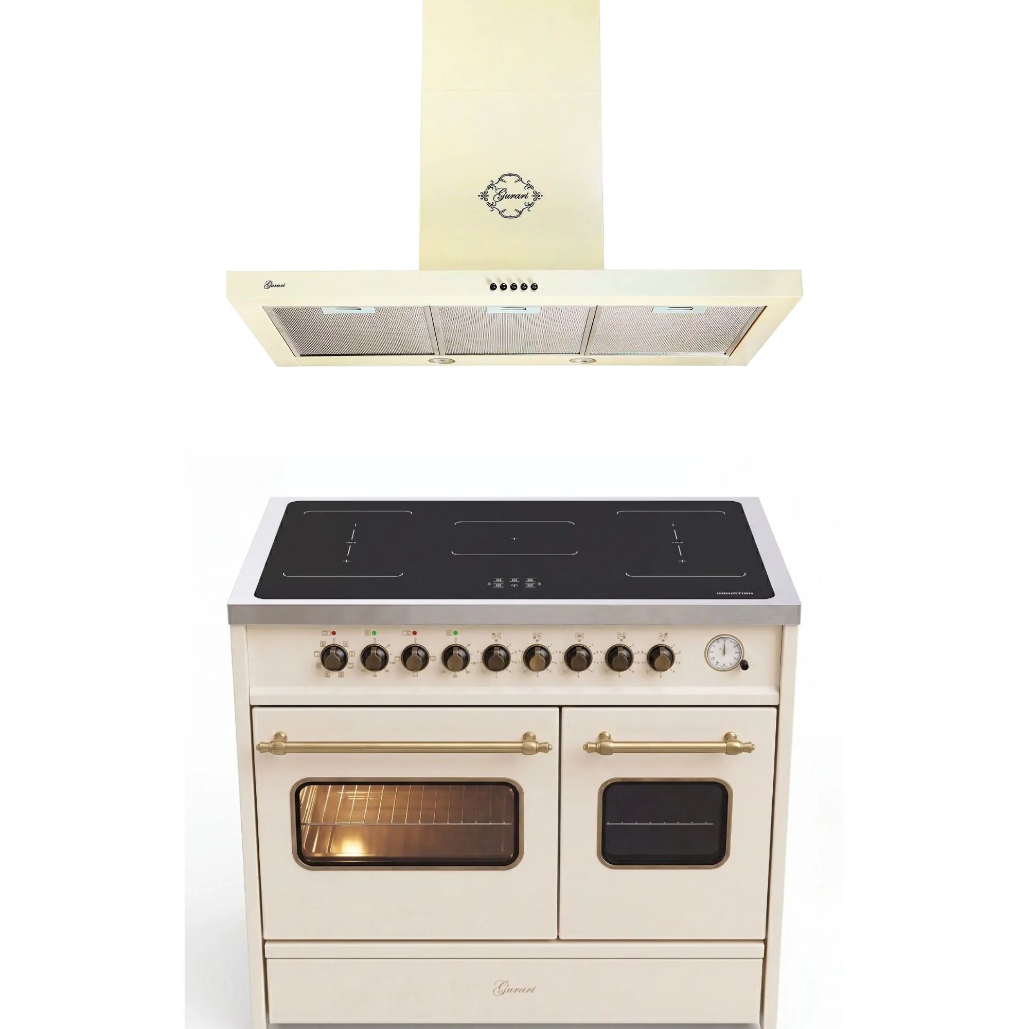 GURARI Induktions Herd-Set Retro Elektro Standherd 90 cm, Range Coocker mit FLEX Induktion und 2 Backofen+Dunstabzugshaube 90cm,Creme GCH E 913 DF CR+GCH F 461 BG 9 N, mit 1-fach-Teleskopauszug