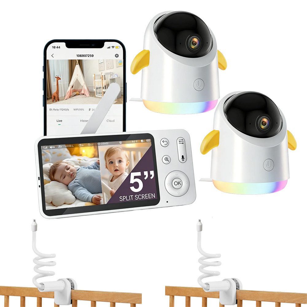 Boifun Video-Babyphone Babyphone mit 2 Kameras App Split-Screen-Anzeige, 2K HD Bild, PTZ 355°/60°, 4×Zoom, Automatische Verfolgung, 1-tlg., Weinen/Bewegungs/Geräuscherkennung, Temperatur, Loop-Nachtlicht ausgestattet,14 Schlaflieder