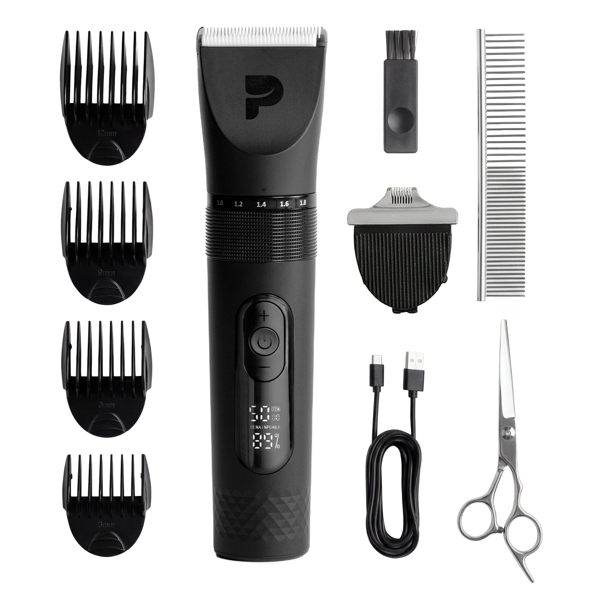 Peluvio Hundeschermaschine NIKOS, mit Zubehör zum Trimmen und Pflegen, USB-C/IPX7/LED/5 Stufen/Keramik-Edelstahl-Klinge
