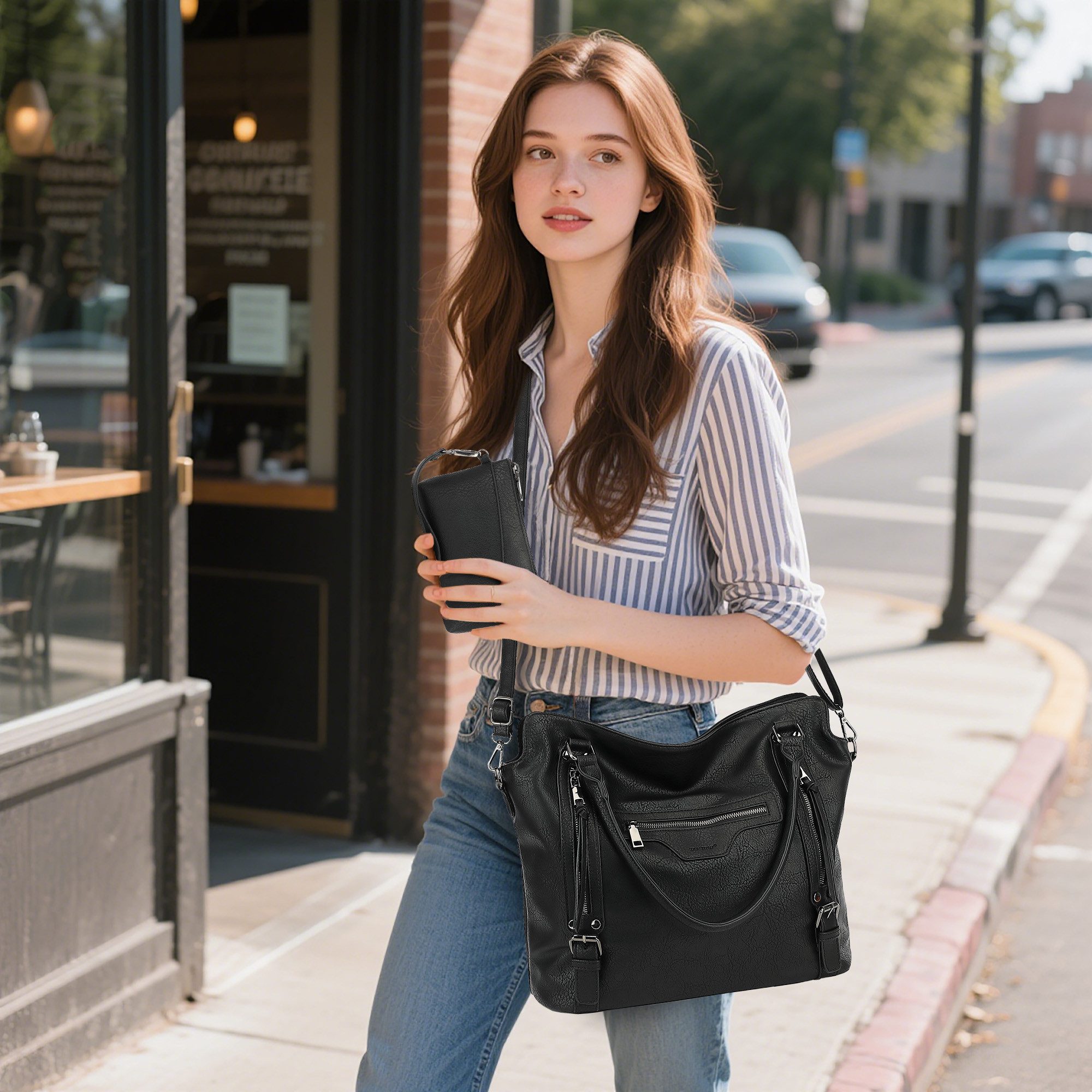 TAN.TOMI Handtasche Damen Shopper - Set Schultertasche Henkeltasche Umhängetasche, Mit abnehmbarem Schultergurt für Büro Schule Einkauf Reise