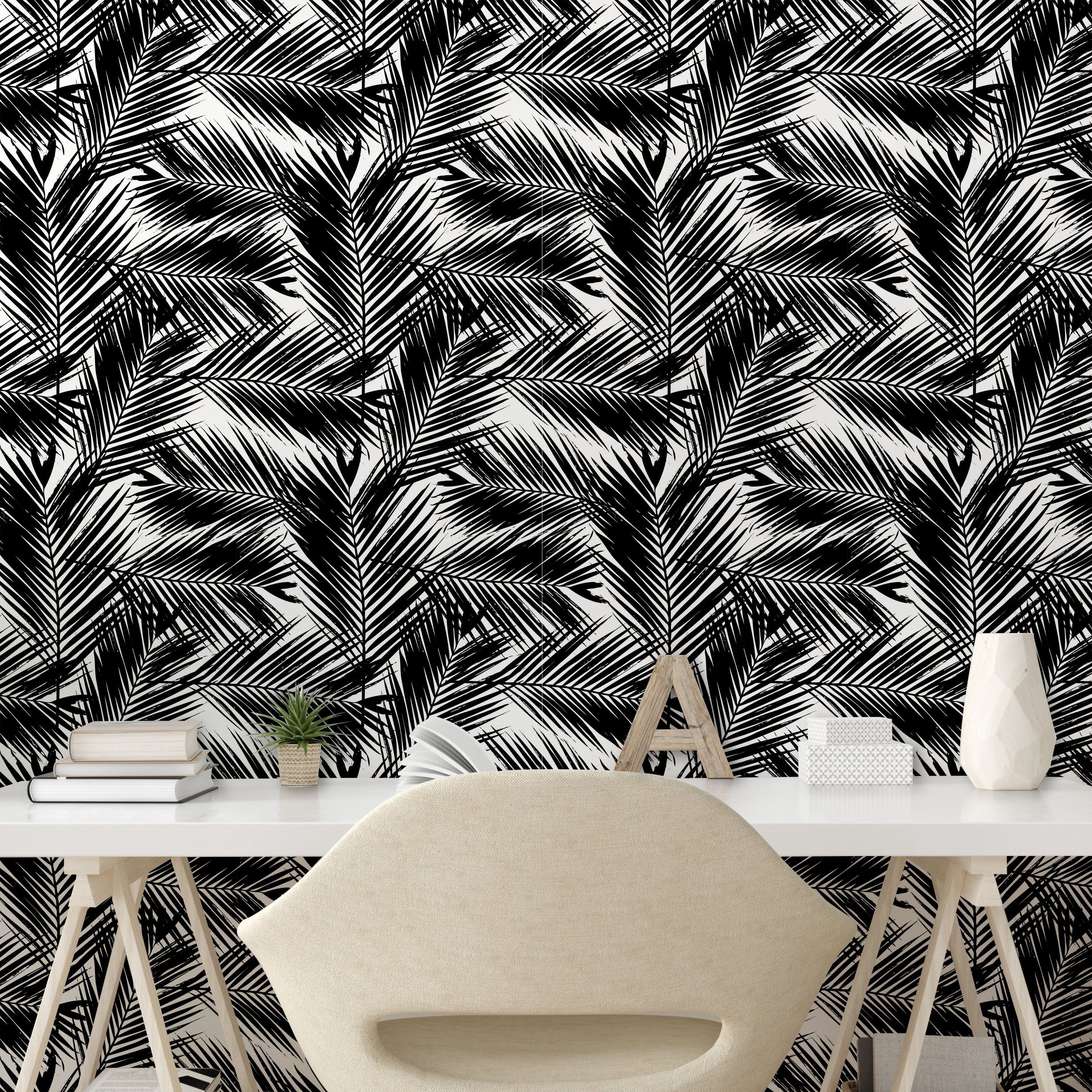 weiß und Fan Palm Abakuhaus selbstklebendes Vinyltapete Leaves Küchenakzent, Schwarz Wohnzimmer