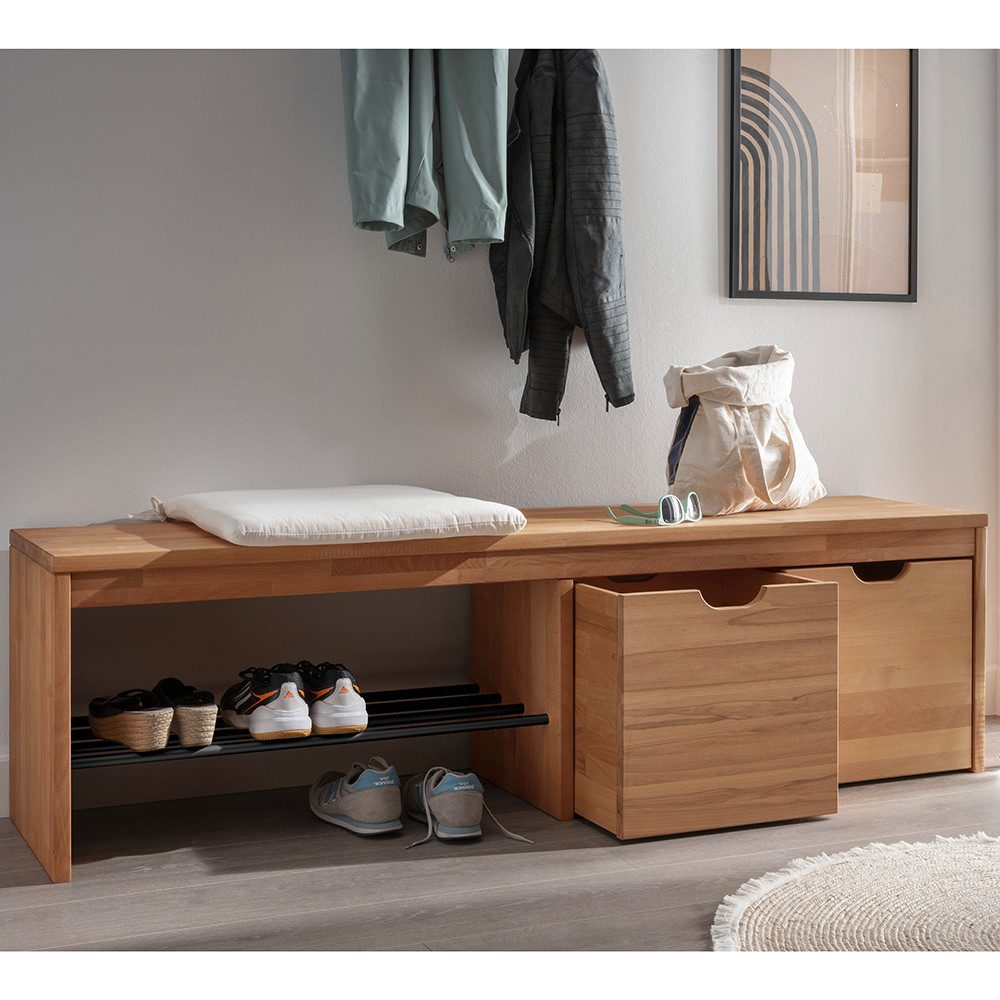 Lomadox Schuhbank CUENCA-137, 158,8 cm breit, Massivholz Buche, 2 Schubkästen mit Rollen
