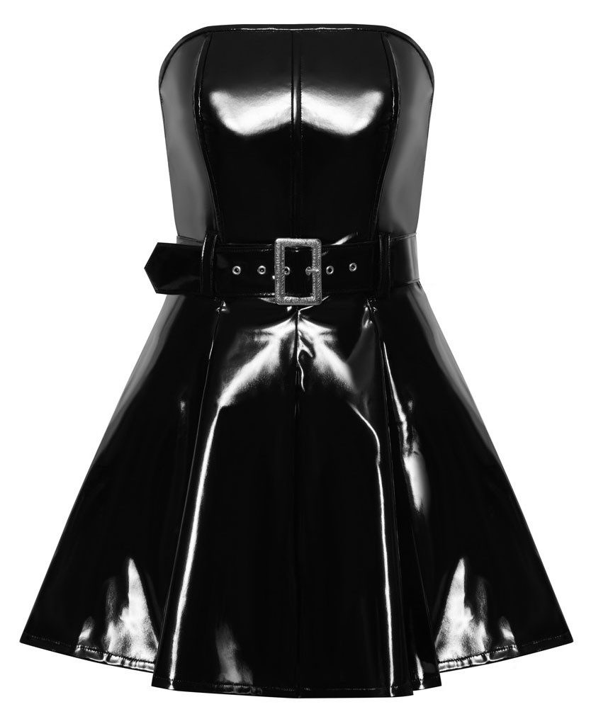 Minikleid trägerlos, mit ausgestelltem Rock & Gürtel, glänzend