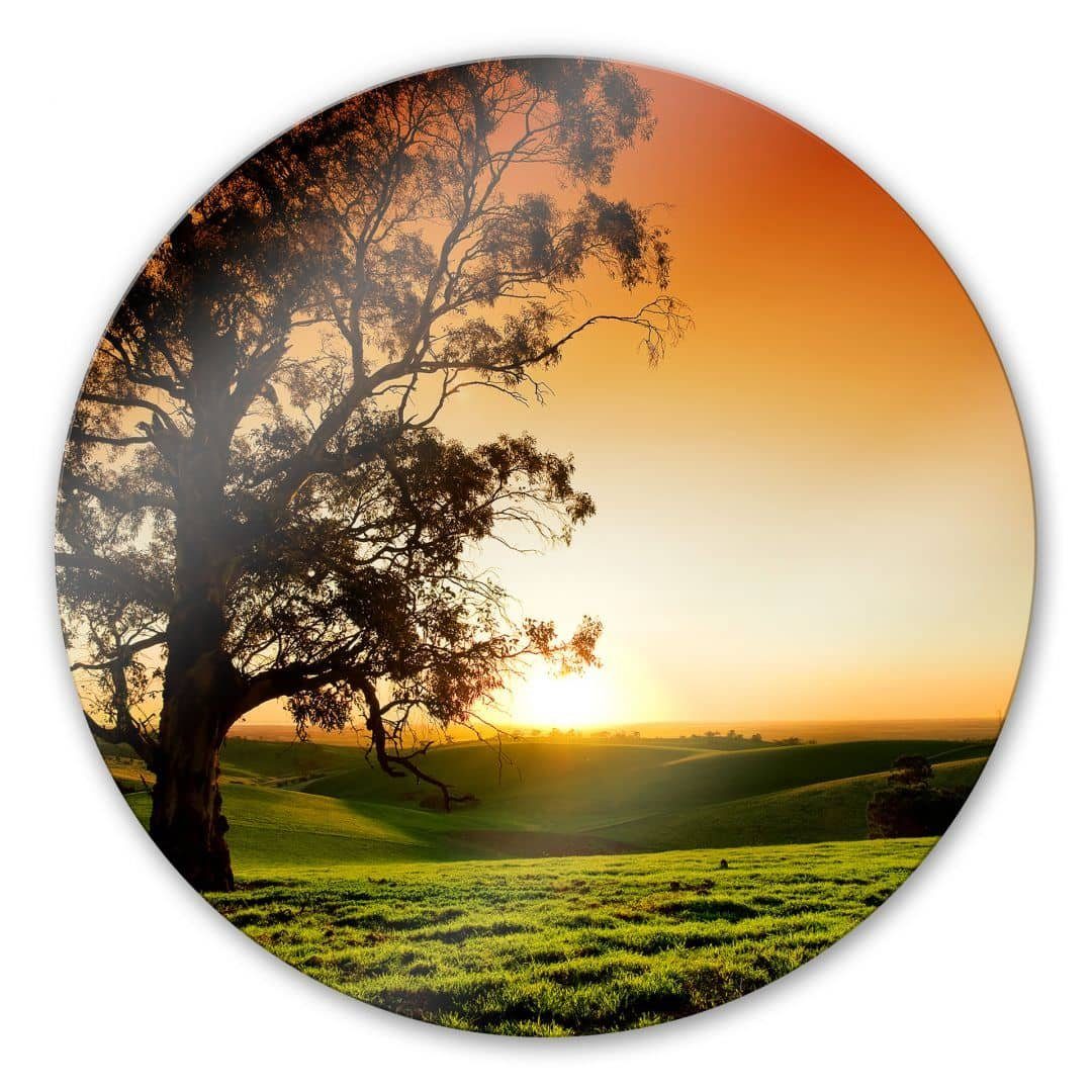 K&L Wall Art Glasbild Glas Wandbild Rund Glasbild Sonnenuntergang Hügel Gebirge, Wandschutz Deko Bilder