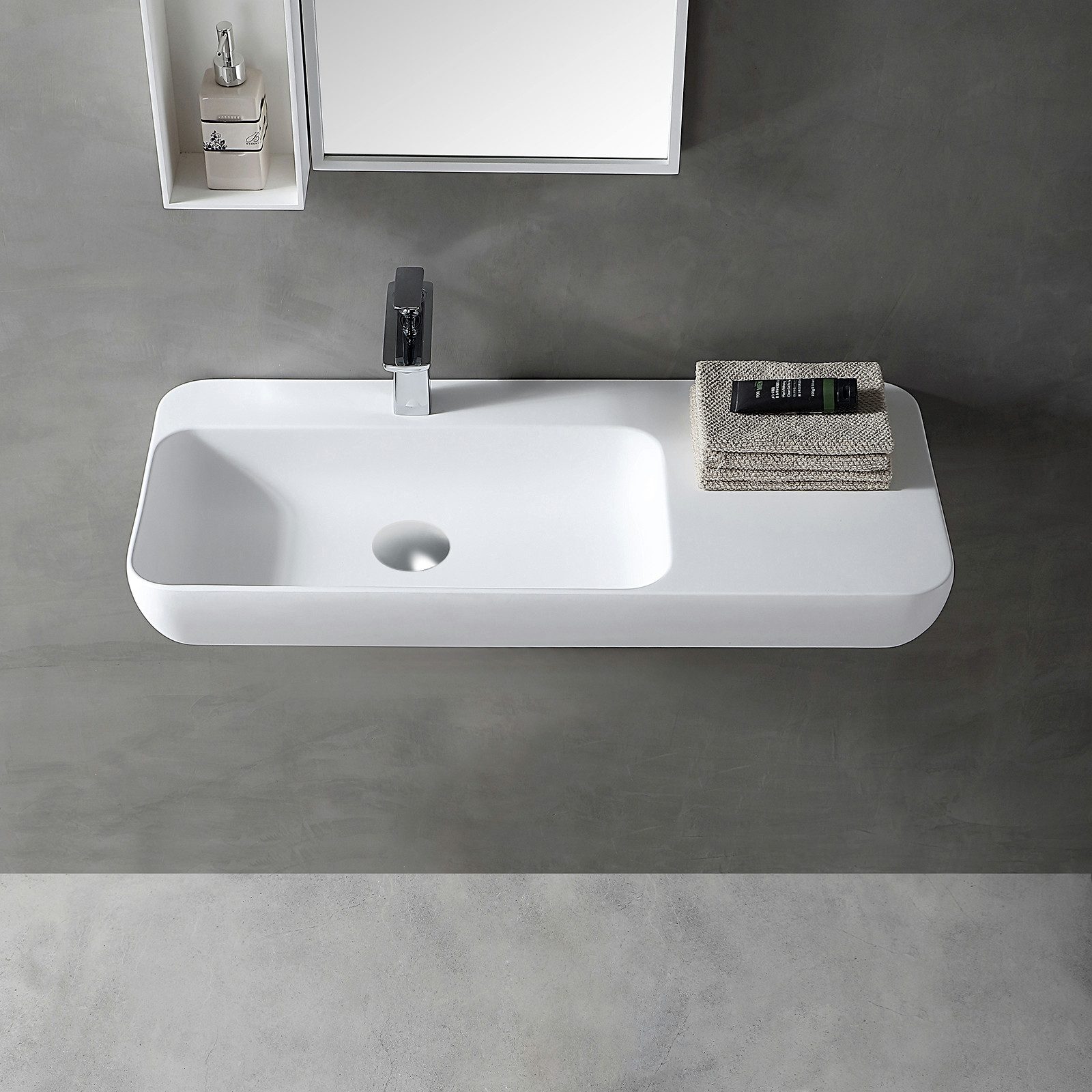 Bernstein Waschtisch TWG202 90cm Weiß matt, Wandwaschbecken 90cm mit Ablagefläche Mineralguss matt