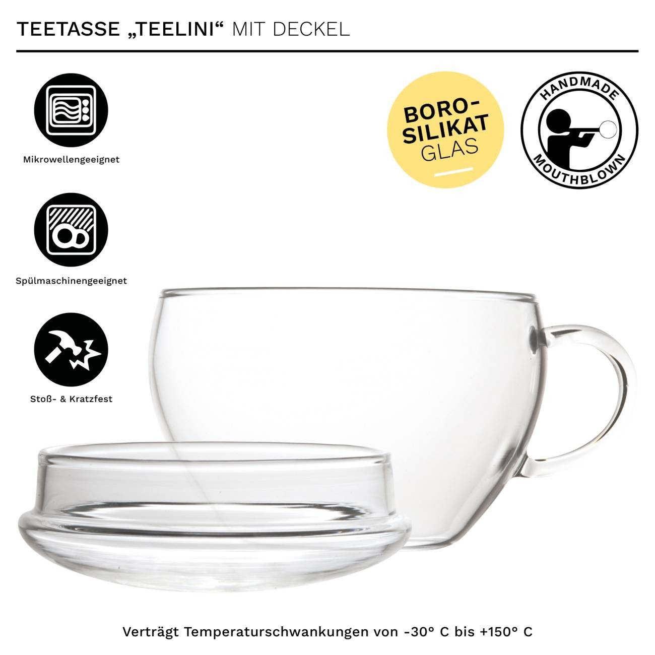 Creano Teeglas Creano 2er-Set Teeglas mit Deckel, Latte Macchiato, Kaffee, 200ml, Borosilikatglas, 2 Gläser