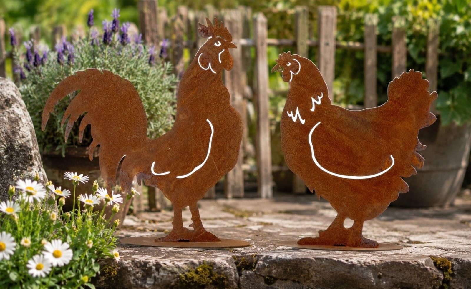 Geschenkestadl Tierfigur Hahn Henne Silhouette Rost 2er Set Metall Garten Deko Landhaus 29cm (2 St., 1 Hahn 1 Henne), Deko Huhn und Hahn rost – Bild 2 von 5