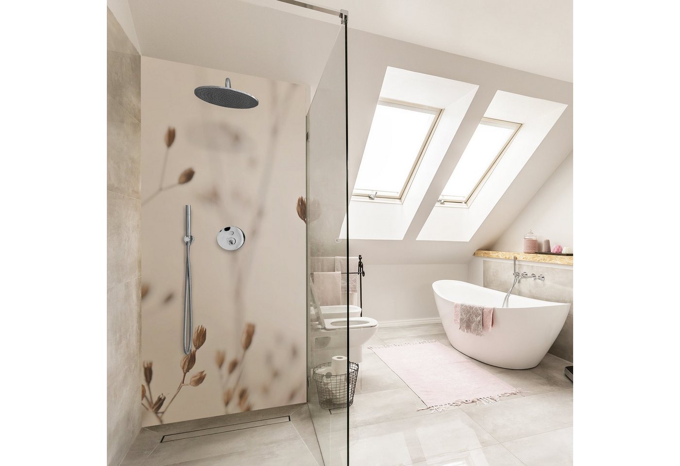 Thumbnail - Bilderdepot24 Duschrückwand Tropisch beige Duschrückwand ohne Bohren Dusche Botanik, (0,61 mm starke Folie selbstklebend...