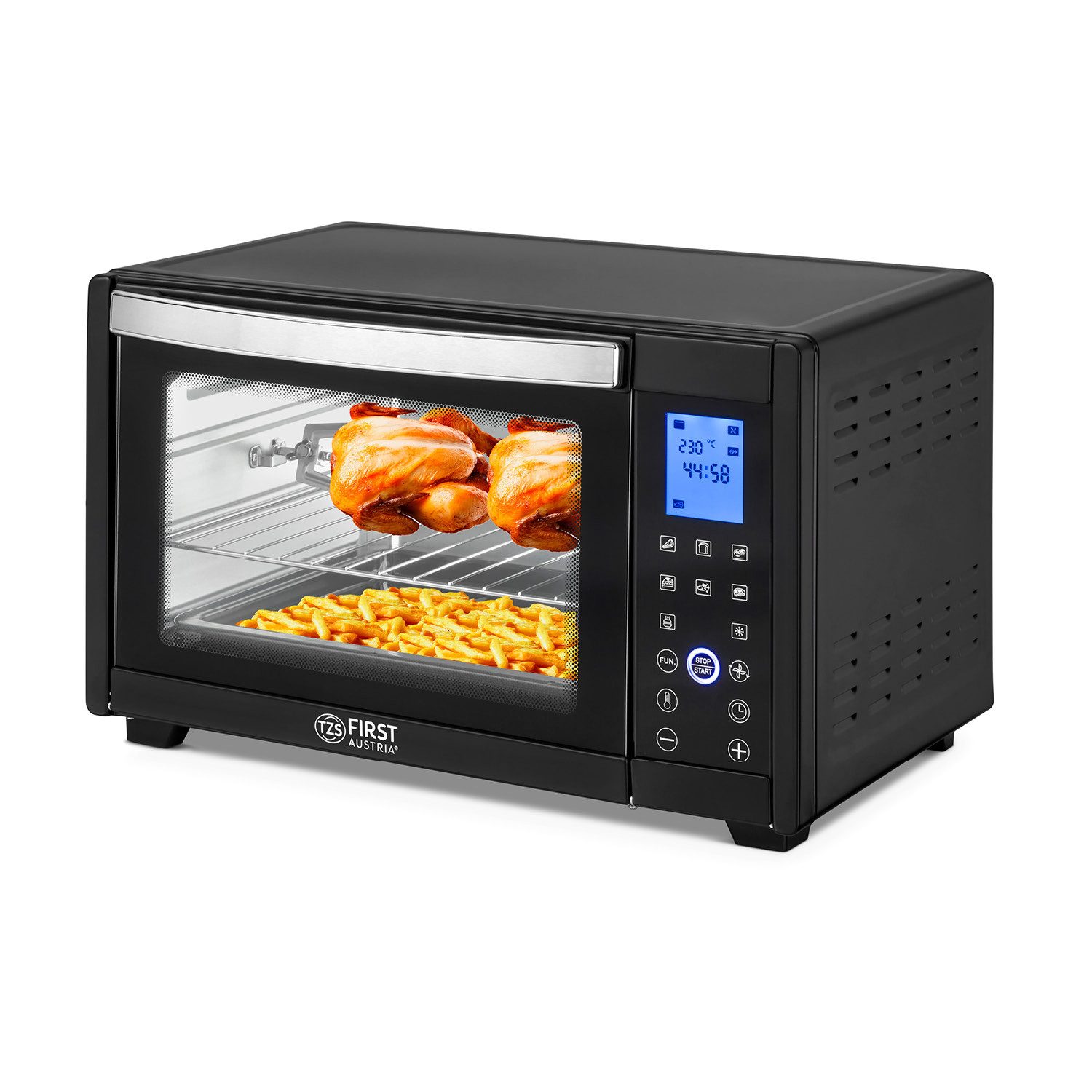 TZS FIRST AUSTRIA Minibackofen 30L, 1600 W, Digitalanzeige, Elektroofen, Pizzaofen, für den Tischgebrauch, Backen & Grillen, inkl. Drehspieß
