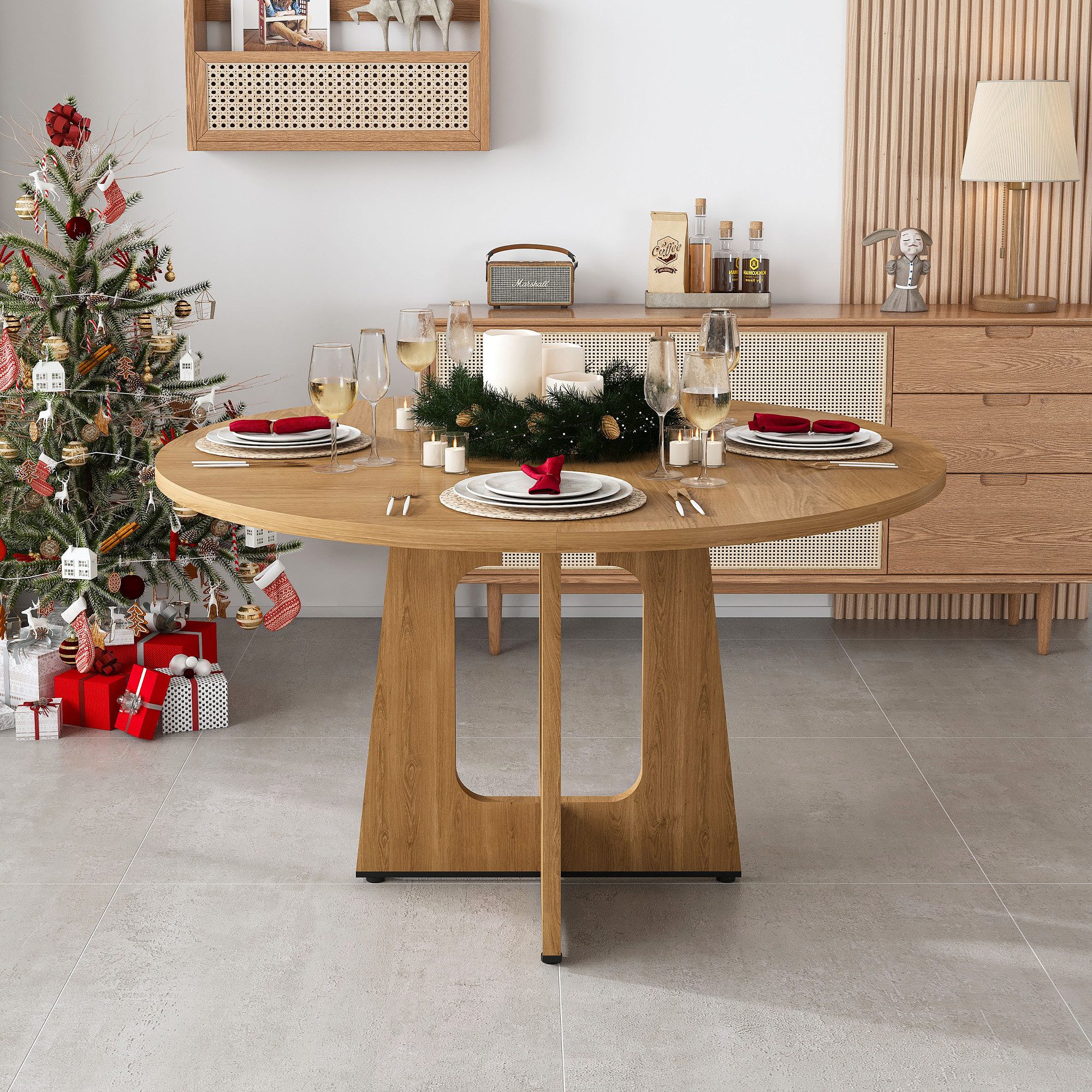 HAUSS SPOLE Esstisch mit Eichen-Optik,Wohnzimmertisch mit 4 höhenverstellbare Tischfüßen (Rundtisch Dining Table für 4-6 Personen,Küchen-Esstisch mit höhenverstellbare Tischfüße), Familien-Tisch Ø 120cm, Höhe: 76cm mit MDF-Tischplatte