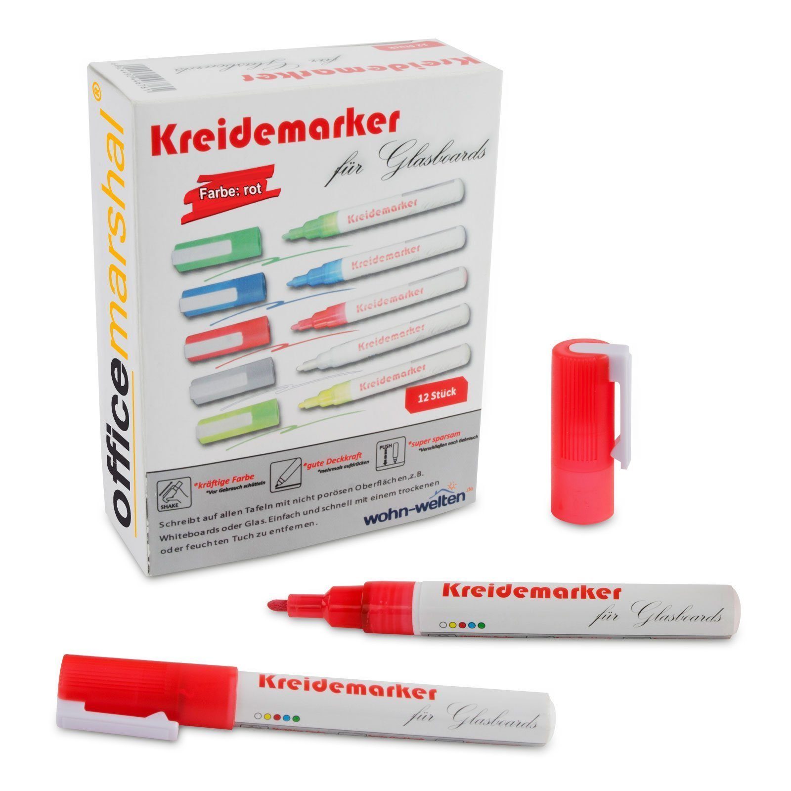 Karat Whiteboard Marker Kreidemarker, verschiedene Farben, Marker, besonders fein, (12-tlg), Non-permanent (Whiteboard-Eignung) Rot