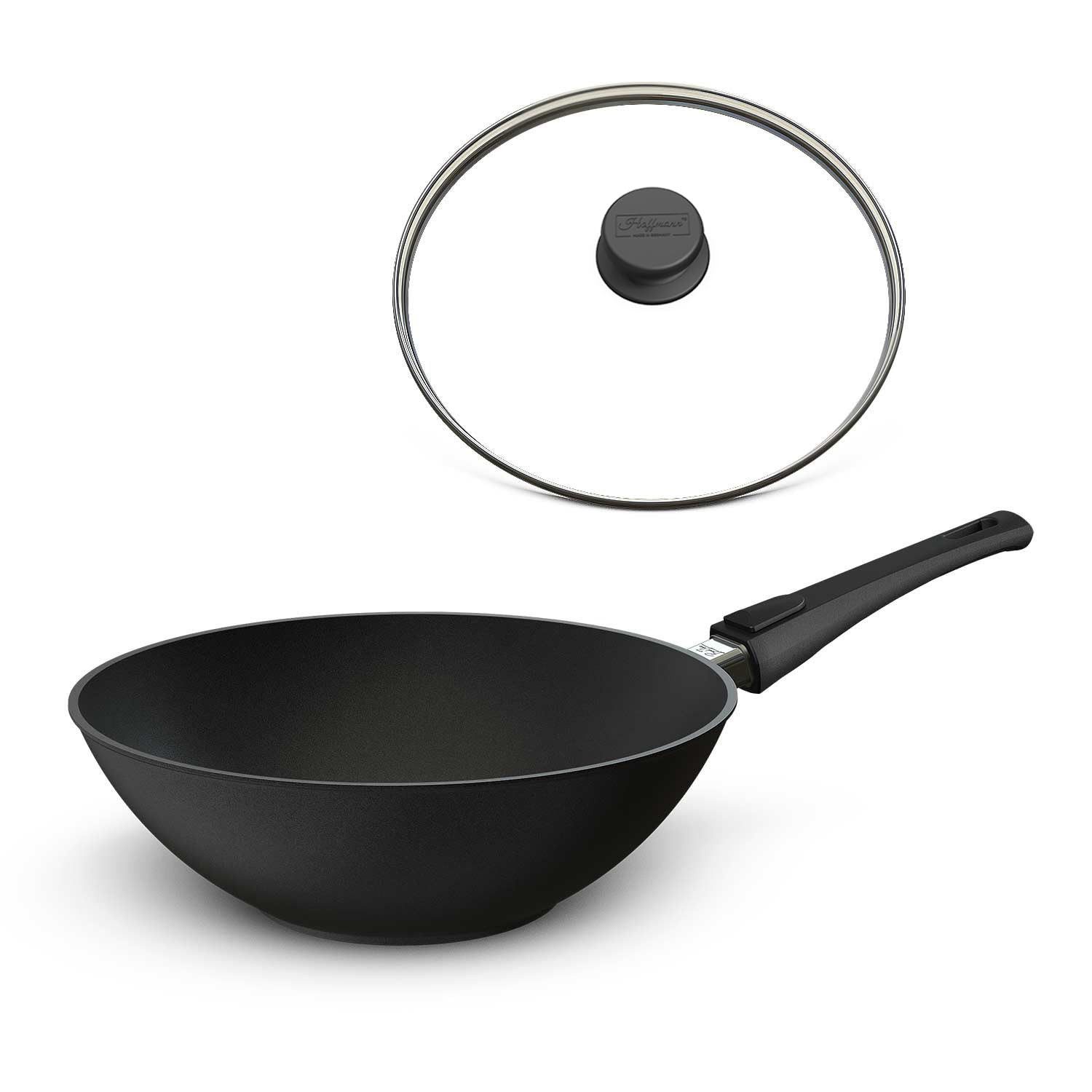 Hoffmann Germany Wok Wokpfanne Bernd Zehner Aluguss Ø 30 cm mit Deckel – Made in Germany, Aluguss (Set, 2-tlg., 1x Wok Ø 30 cm + 1x Glasdeckel), Bernd Zehner, abnehmbarer Griff, Antihaft, backofenfest, Induktion