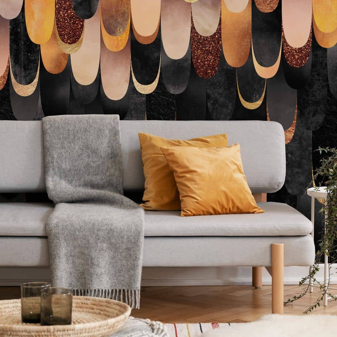 K&L Wall Art Fototapete Große Vliestapete XXL Art Deco Vogel Feder abstrakt Kupfer Retro, Wohnzimmer Wandschutz