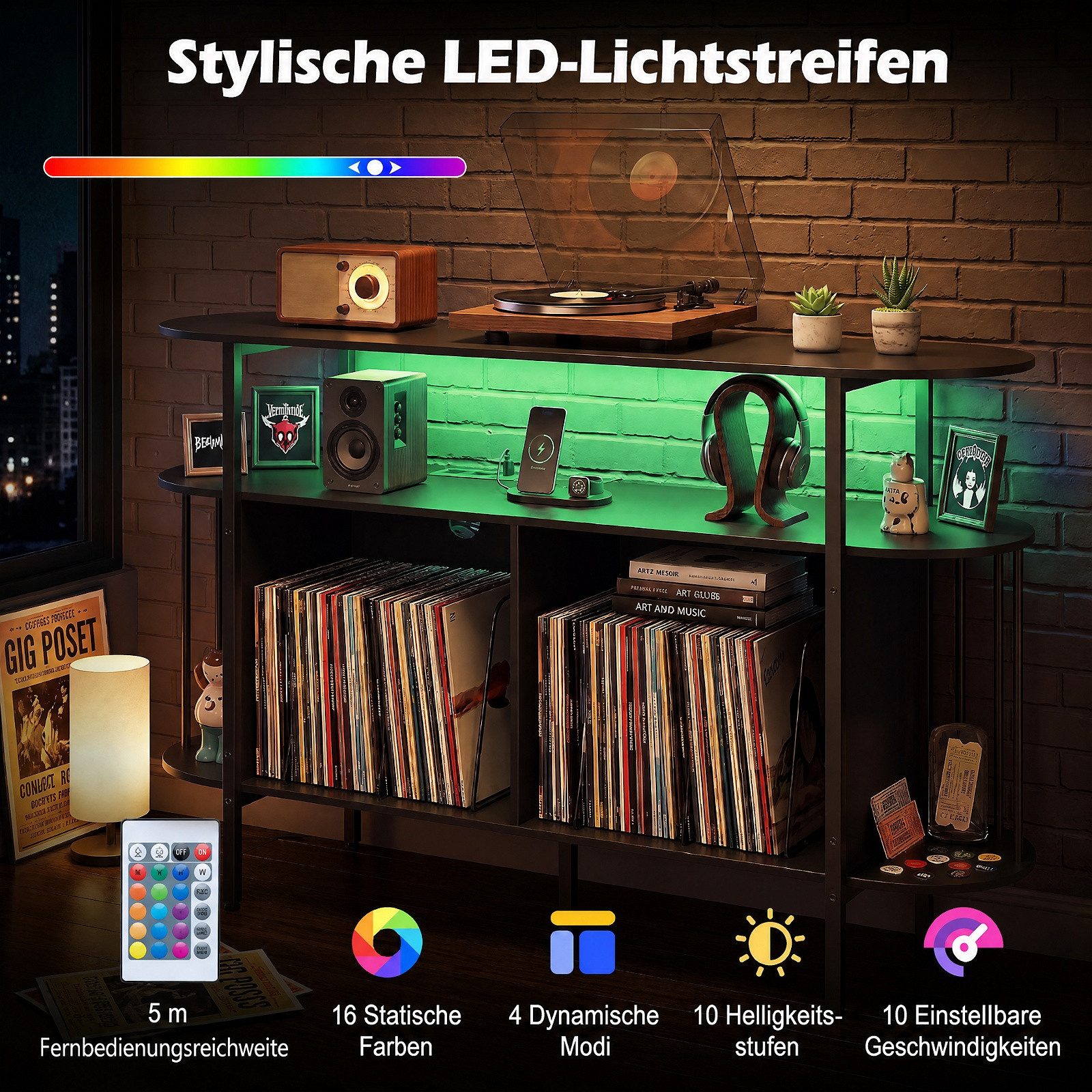 COSTWAY Sideboard Plattenspieler Regal mit Steckdose & LED, Plattenspieler-Ständer – Bild 3 von 5